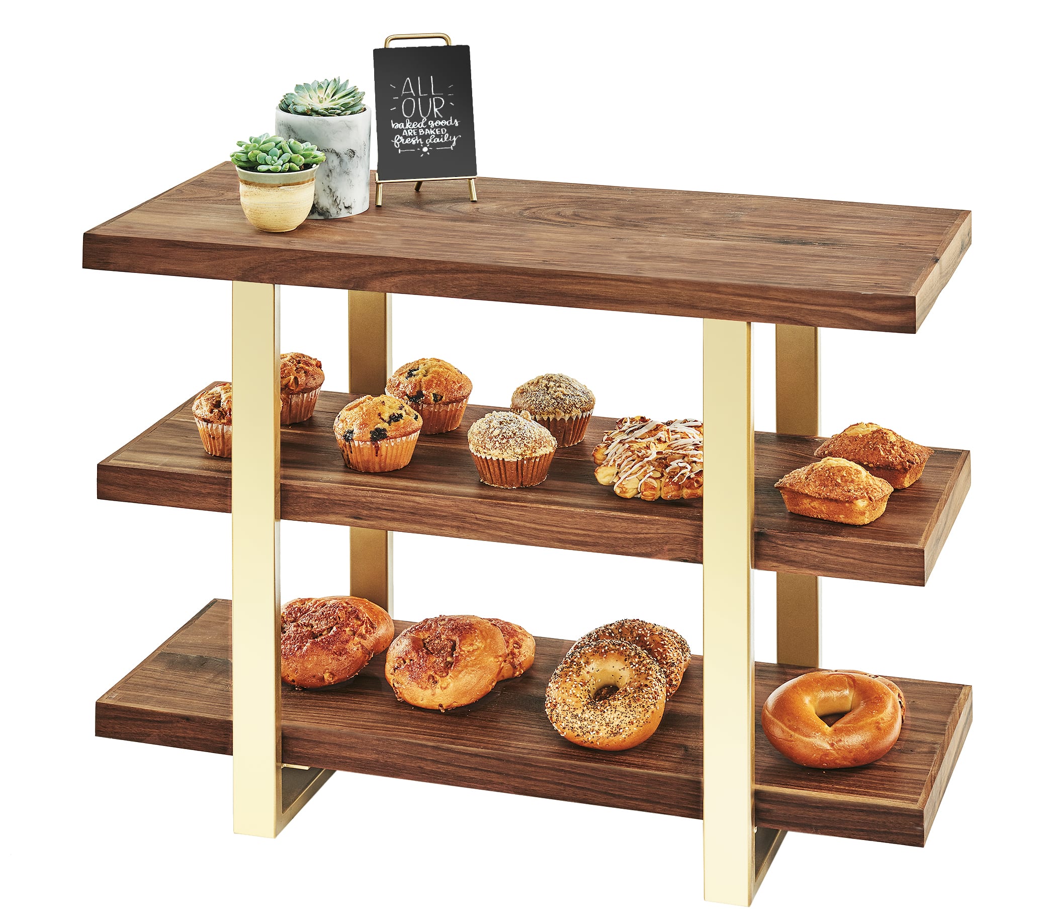 Cal-Mil 3708-46 Mid-Century Walnut 3-Tier Brass Frame Riser, 32" X 13-1/2" X 25-1/2"