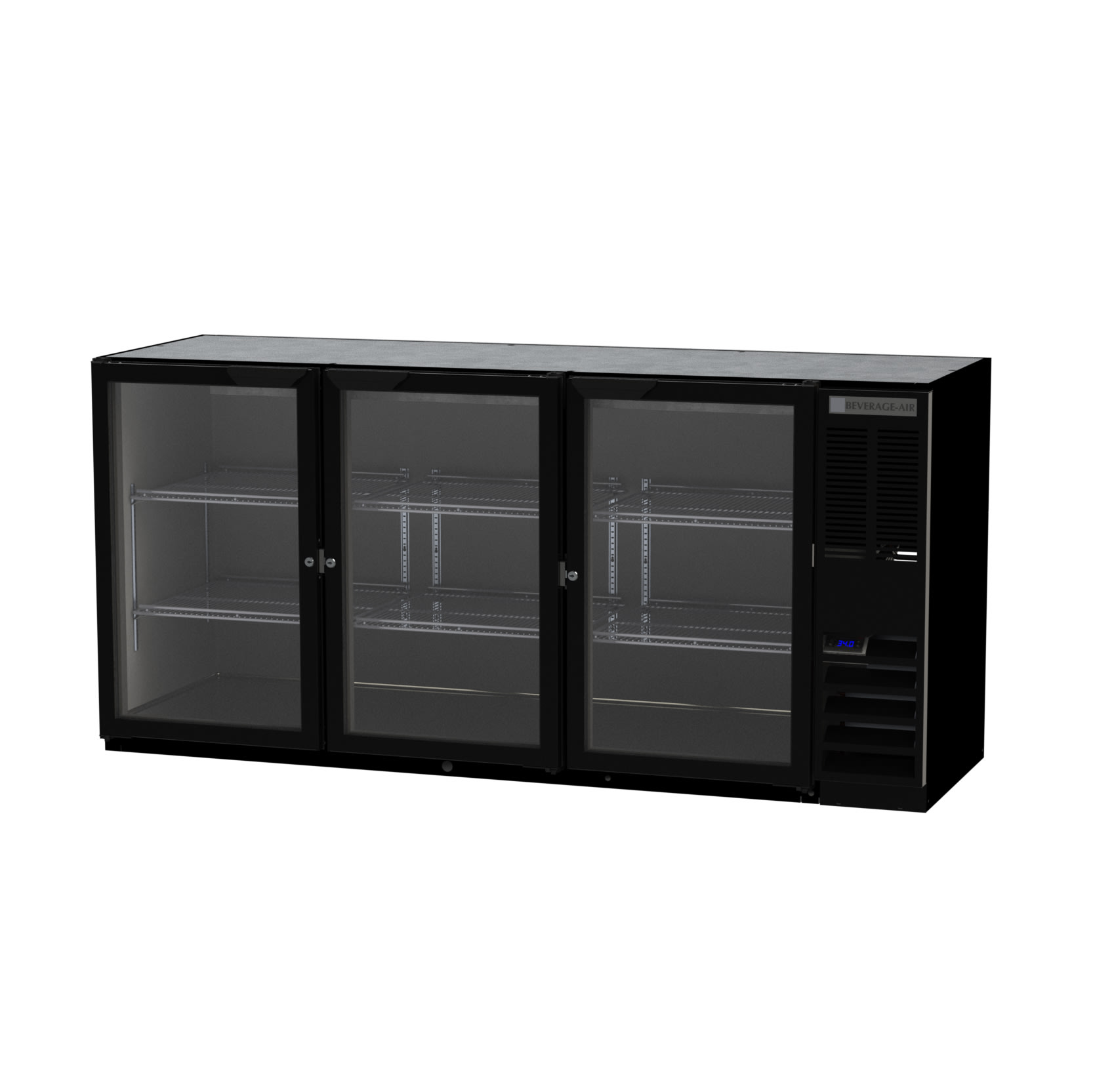 Beverage Air BB72HC-1-G-B 72" Black Underbar Height Back Bar Cooler with 3 Glass Swing Doors