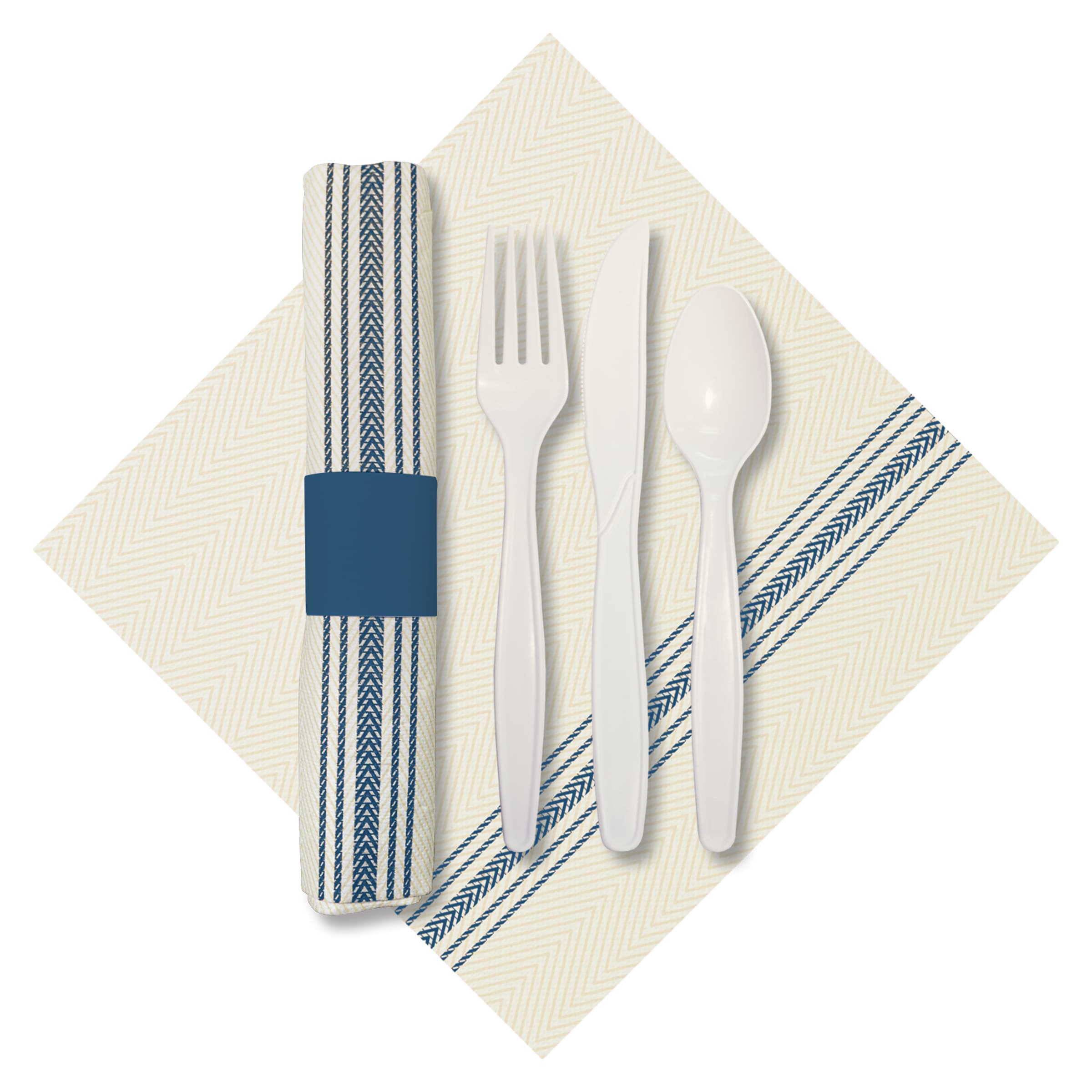 Hoffmaster 120011 CaterWrap FashionPoint Pre-Rolled Blue/White Dinner Napkin and White Cutlery