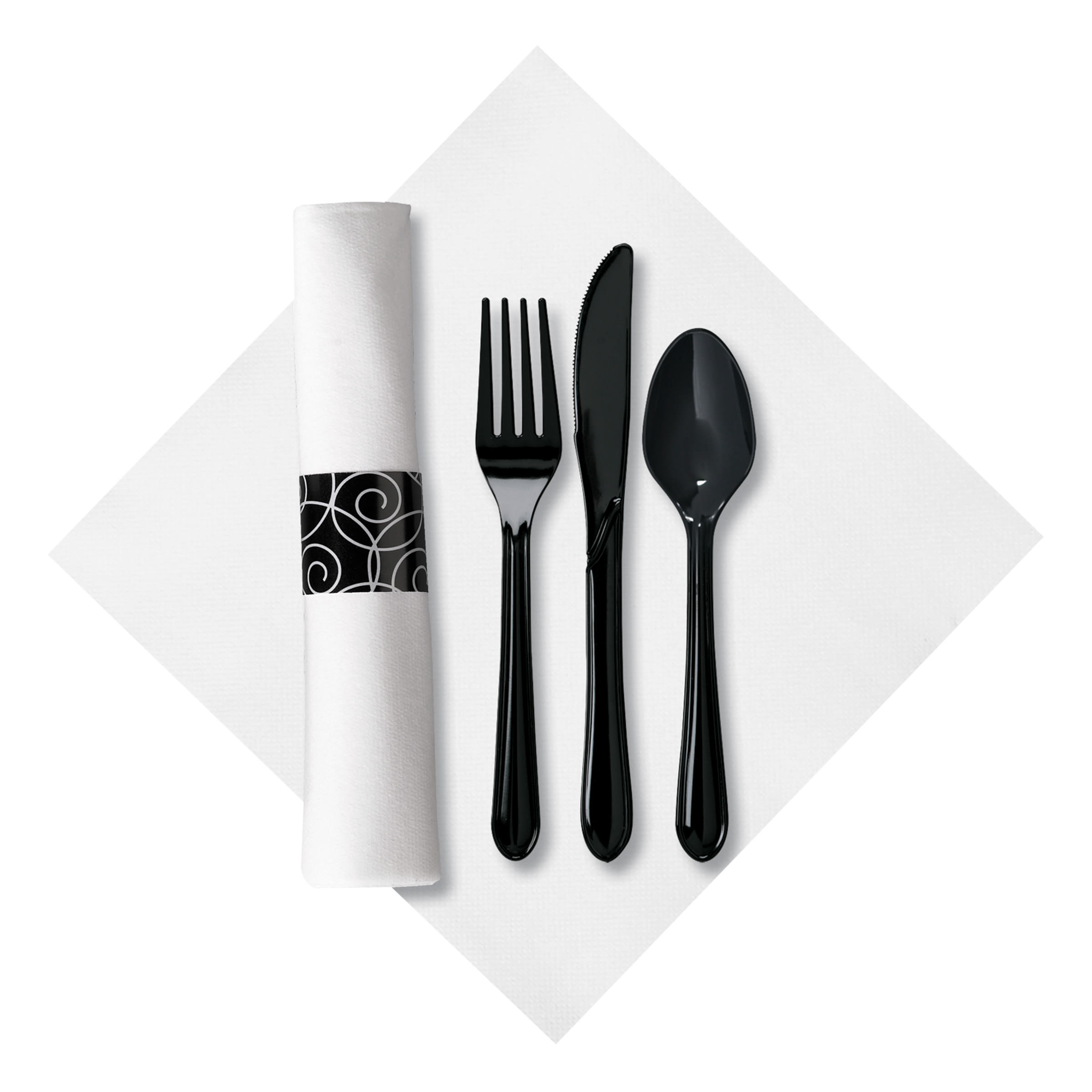 Hoffmaster 119971 CaterWrap FashionPoint Pre-Rolled White Dinner Napkin and Black Cutlery