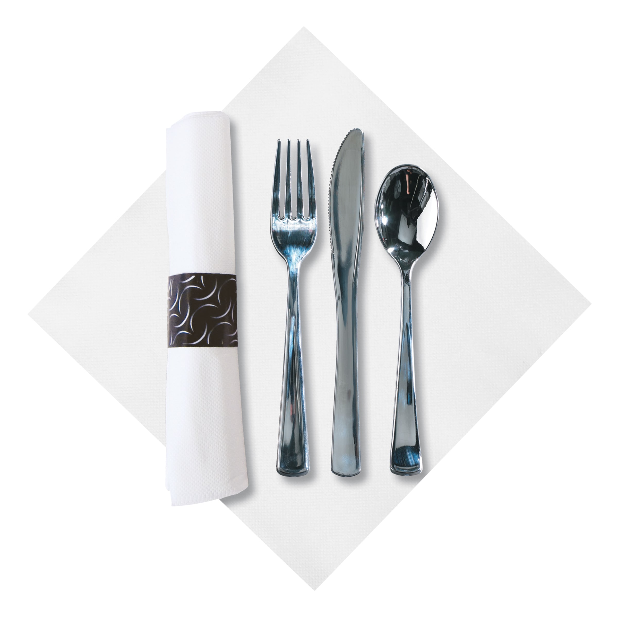 Hoffmaster 119979 CaterWrap FashionPoint Pre-Rolled White Dinner Napkin and Silver Cutlery