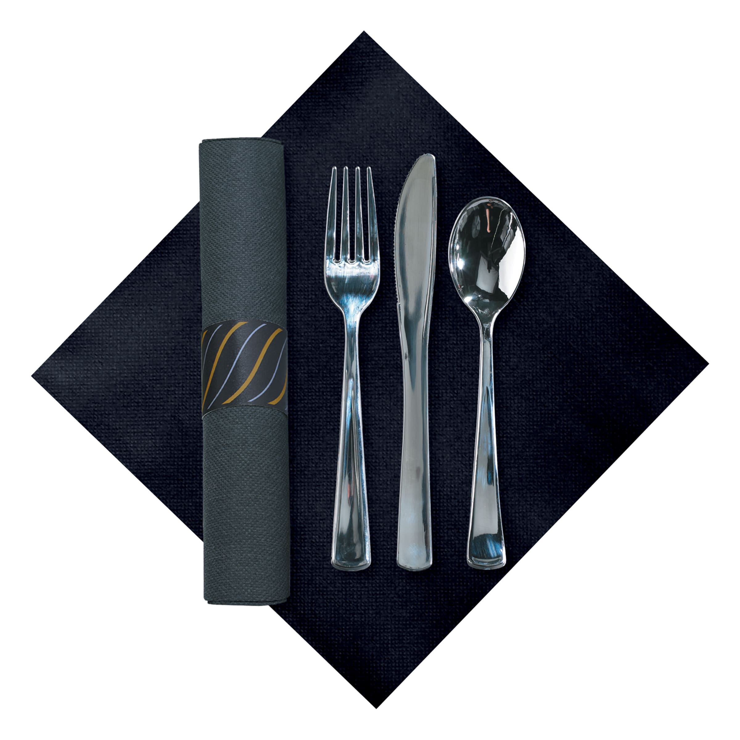 Hoffmaster 119987 CaterWrap FashionPoint Pre-Rolled Black Dinner Napkin and Silver Cutlery