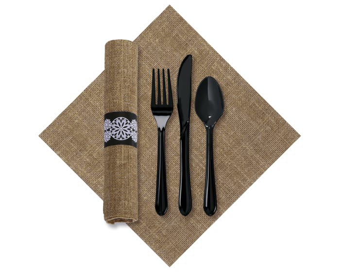Hoffmaster 120006, CaterWrap FashionPoint, Pre-Rolled Burlap Dinner Napkin and Black Cutlery