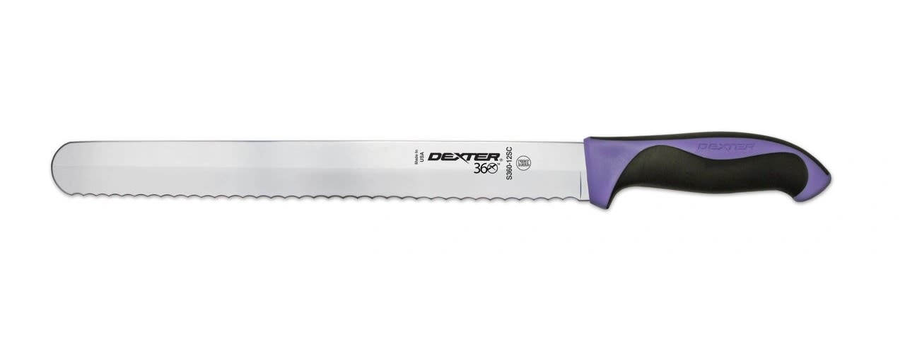 Outlet Dexter Russell S360-12SCP-PCP Knife, Slicer, 12", Stamped, Scalloped Edge with Purple Handle