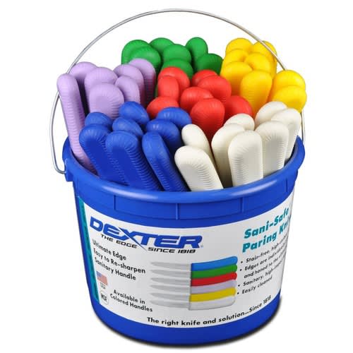 Dexter Russell S104-48B 15483 Sani-Safe Assorted Colors Paring Knives With Blue Display Bucket