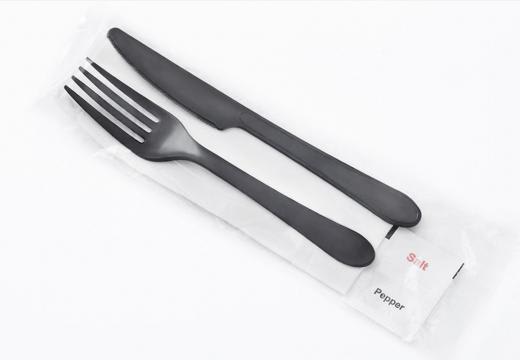 Sabert CBFKNPS Bagged Cutlery Kit: Black Fork and Knife with Salt & Pepper and High Quality Napkin
