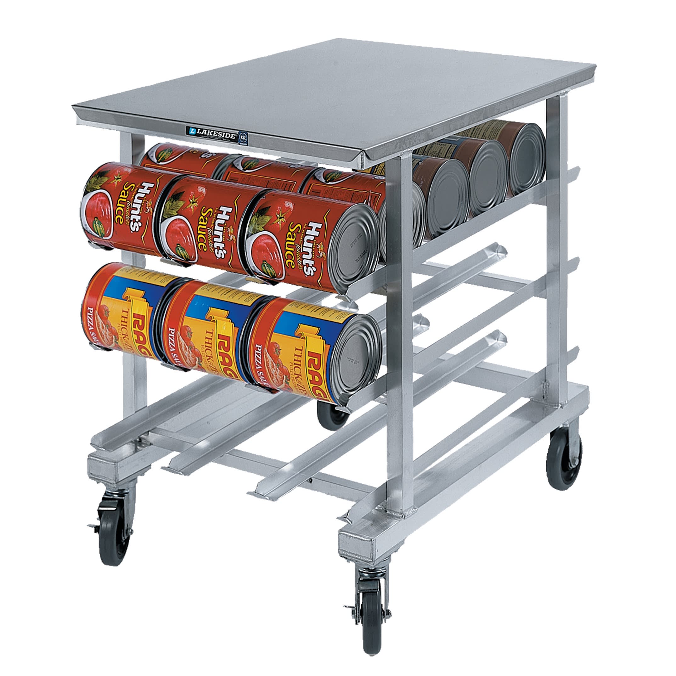 Lakeside Manufacturing 336 Mobile Can Storage and Dispensing Rack Aluminum with Removable Polyethylene Top 35" Counter Height, 54 ea. #10 and 72 ea. #5 Can Capacity