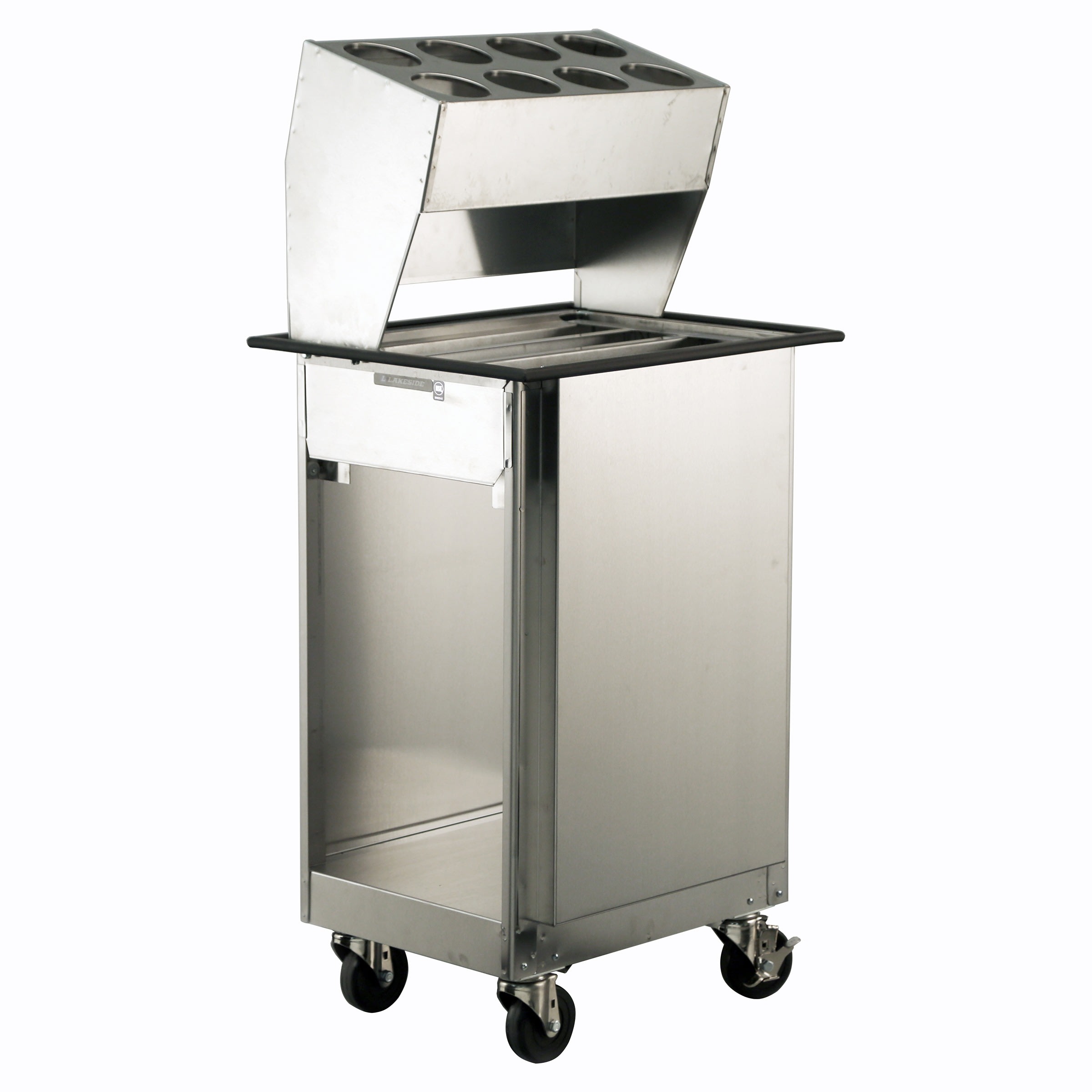Lakeside Manufacturing 986 Mobile Tray Dispenser Open Sides with Silverware Dispenser, Fits 14 x 18-in. or 15 x 20-in. Trays, 150 Tray Capacity