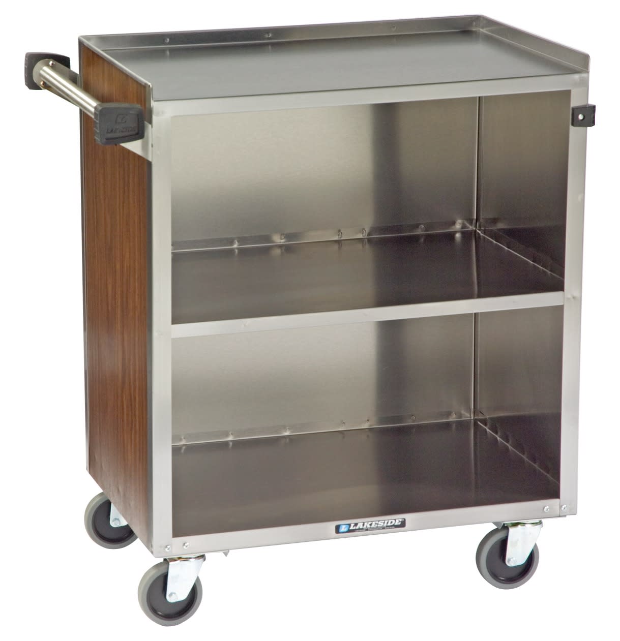 Lakeside Manufacturing 622W Enclosed Bussing Cart, Stainless Steel, 3 Shelf: 18" x 27", 500-Lb. Capacity, Walnut Vinyl Finish