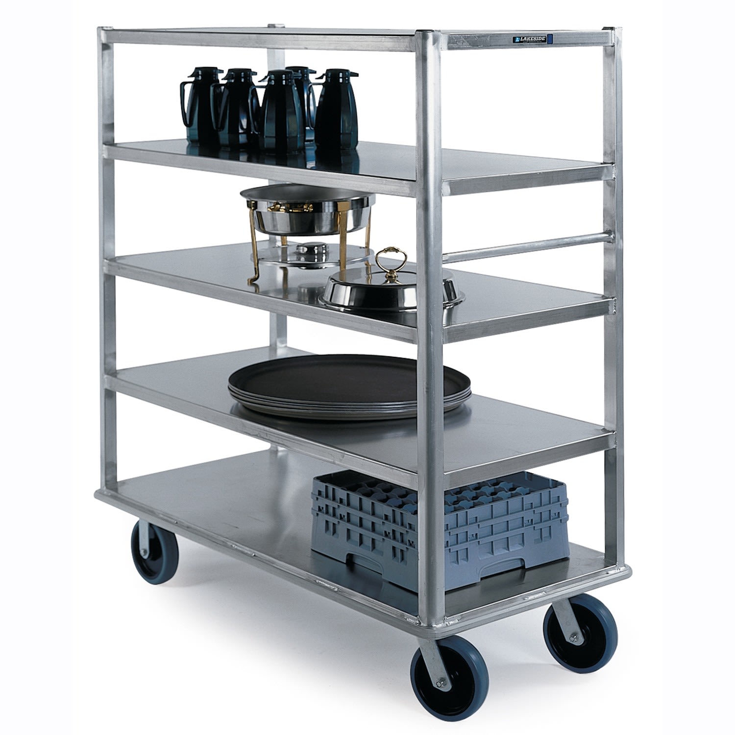 Lakeside Manufacturing 4567 Aluminum Queen Mary Banquet Cart with (5) 27 x 64-in Shelves and All Edges Turned Down, 2,500-Lb. Capacity