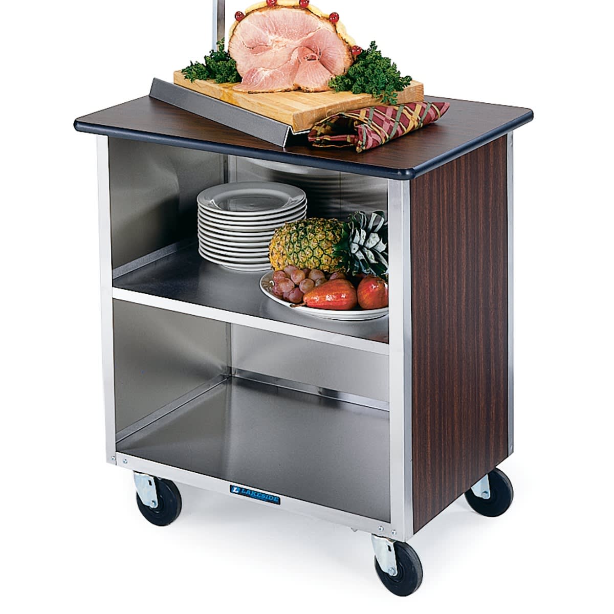 Lakeside Manufacturing 646HRM Enclosed Serving Cart, Stainless Steel, 3 Shelf: 21" x 35", 500-Lb. Capacity, Hard Rock Maple Laminate Finish