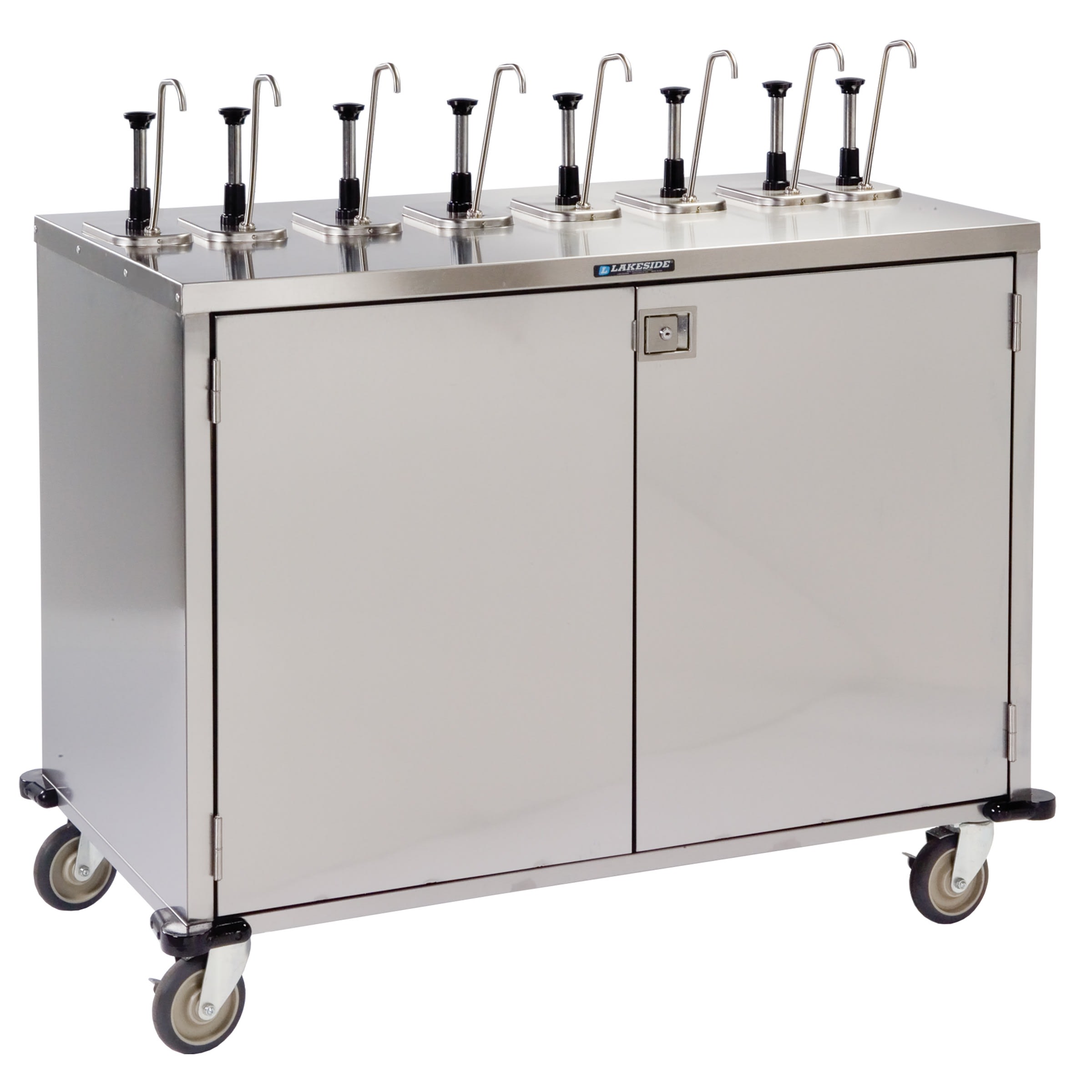 Lakeside Manufacturing 70201B E-Z Serve Mobile Condiment Cart with (8) Flat Top Pumps, (4) Product Dispensers, Black Laminate Finish