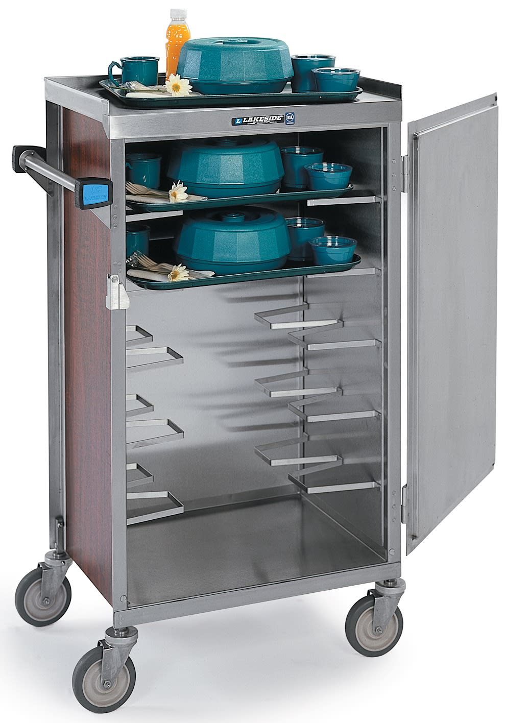 Lakeside Manufacturing 654W Mobile Late Tray Delivery Cart, Stainless Steel 6 Tray Capacity, Walnut Vinyl Finish
