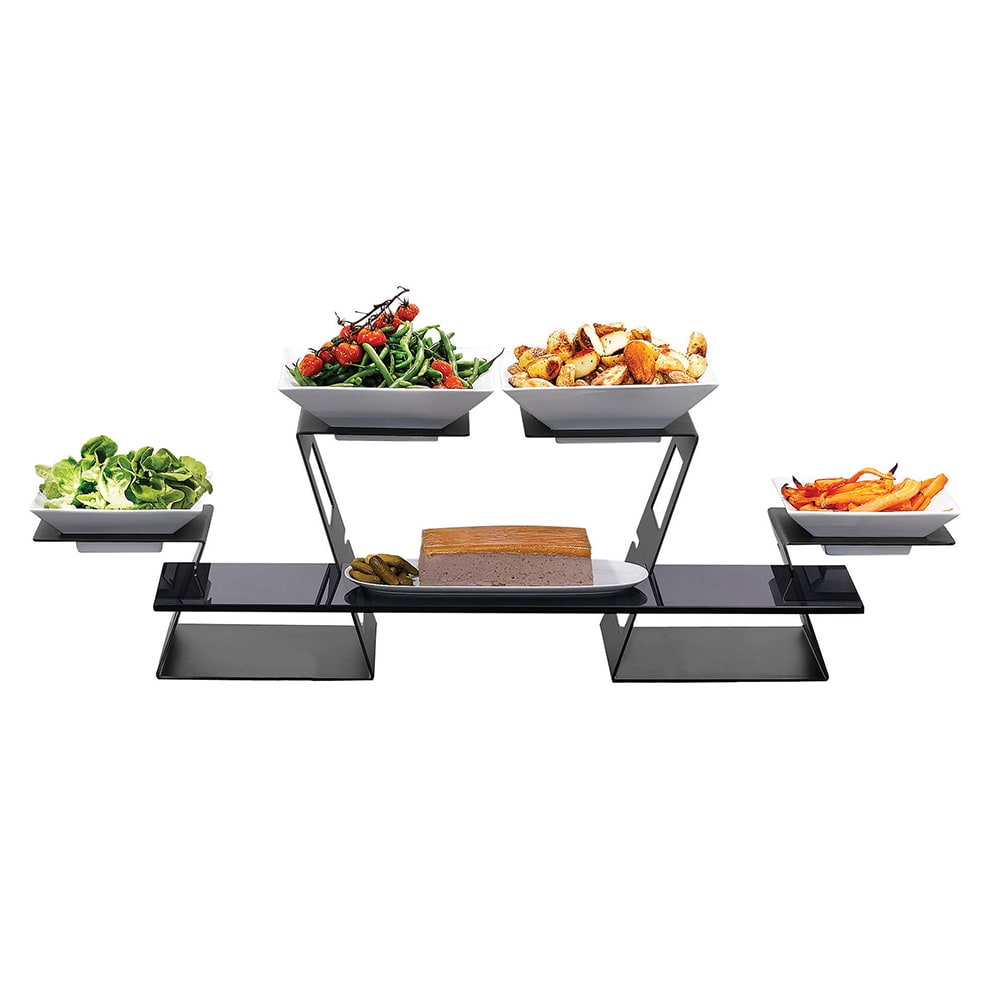 Rosseto SK034 Black Swan Multi-Level Risers, Wide Black Tempered Glass Surface & 4-10.75" Square Porcelain Bowl