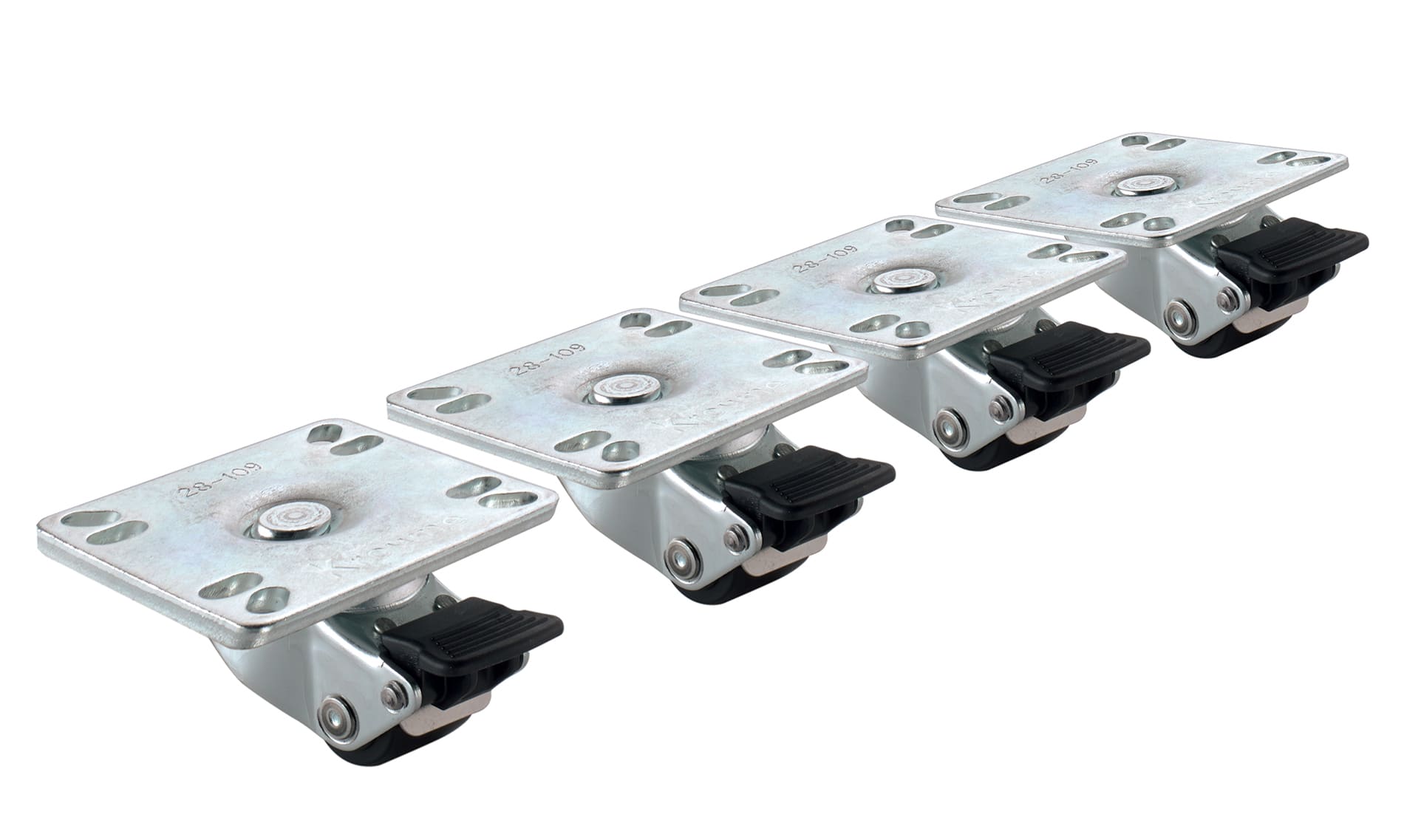 Krowne 28-109S 2" Overall Ultra Low Profile Universal 3-1/2" x 3-1/2" Plate Caster with Front Brake, 1" Wheel, Set of 4
