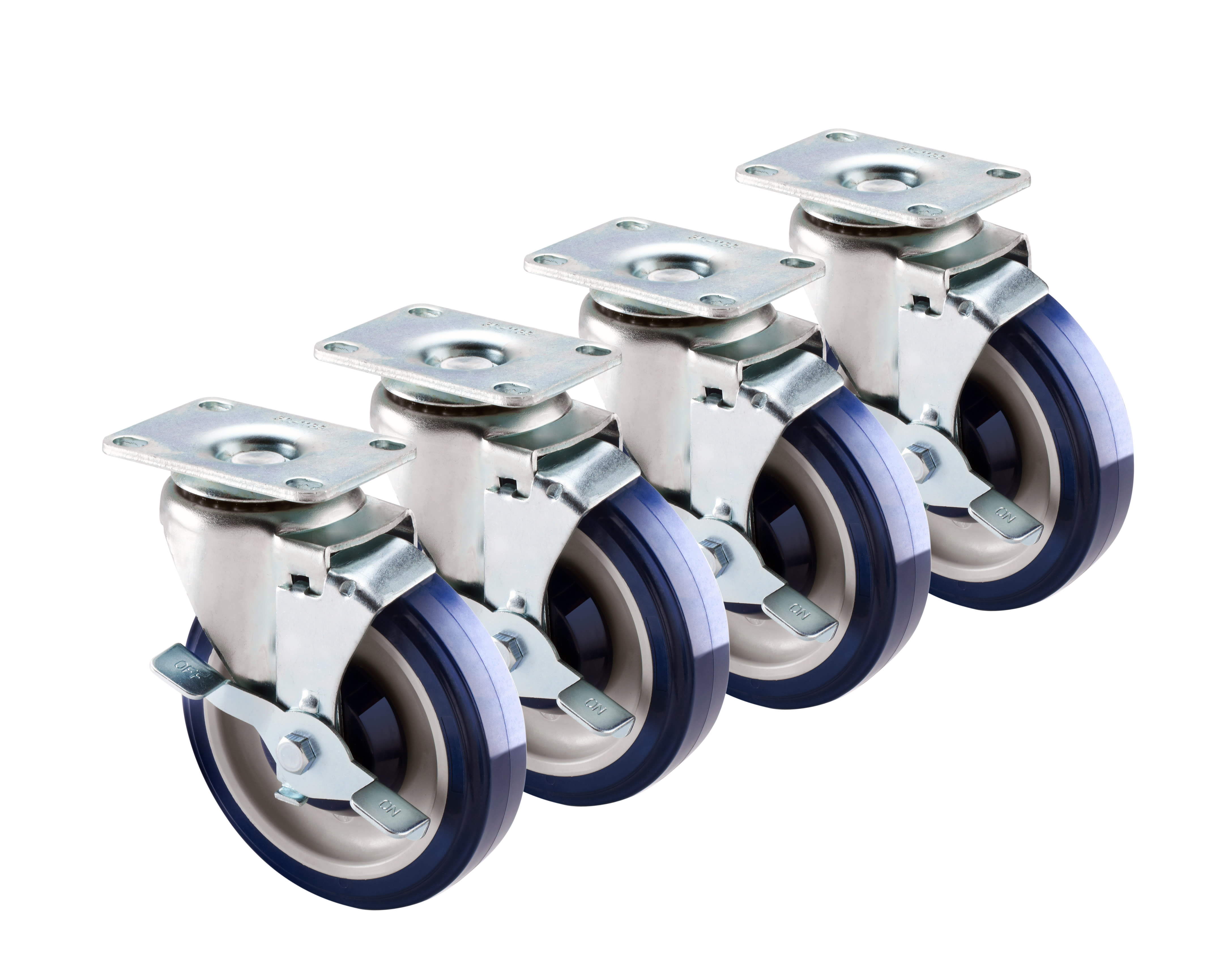 Krowne 30-113S Economy Series 6" Overall 2-3/8" x 3-5/8" Plate Caster with Side Brake, 5" Wheel, Set of 4