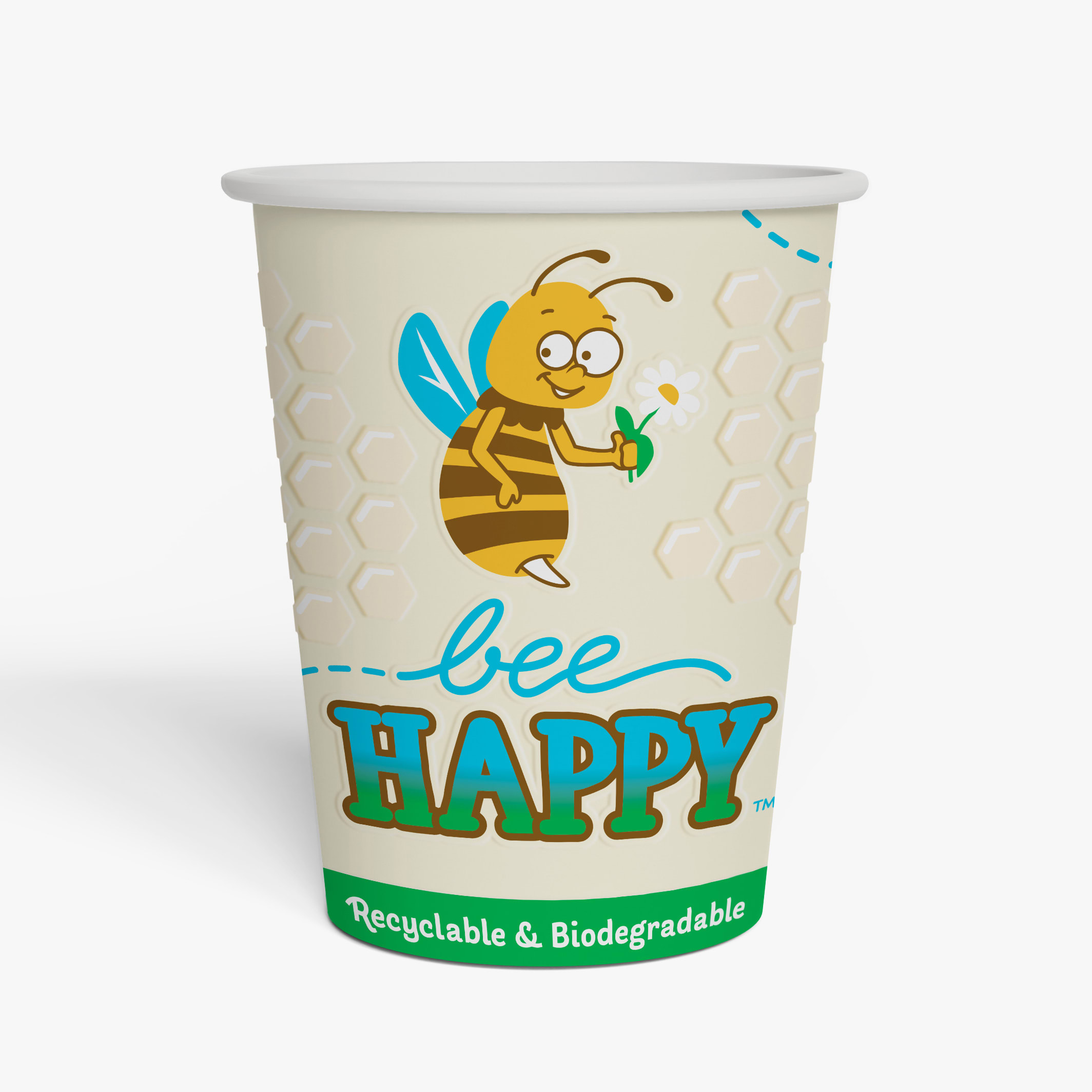 Family Hospitality Group 552SACP-BEE1 12 oz. Single-Wall Embossed Home-Compostable Paper Cups, Hot/Colored, Bee Happy Design (500Pack)