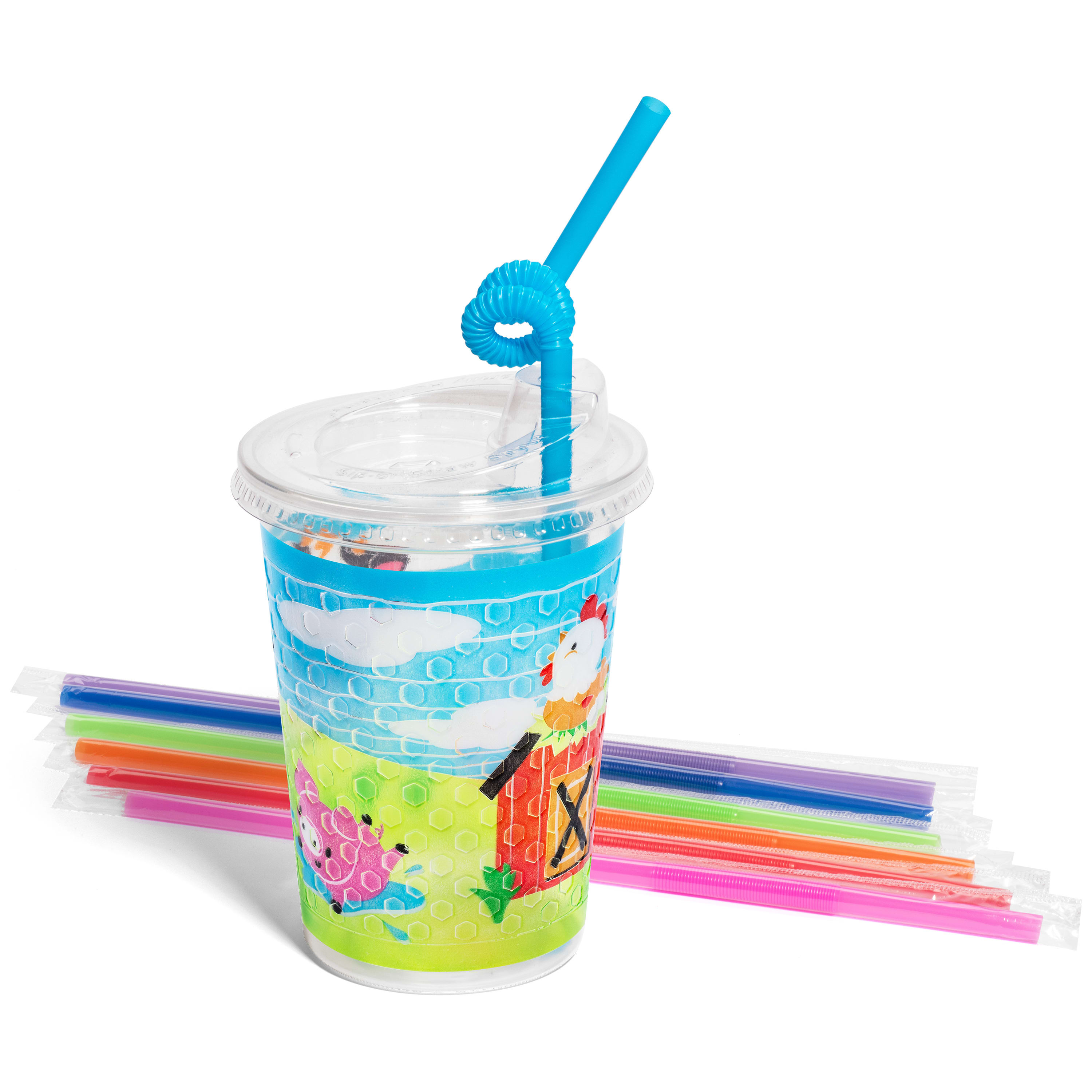 Family Hospitality Group 502FRM Kids' 12 oz. Cup Kits"Farm" Theme Clear Plastic, 250 Sets