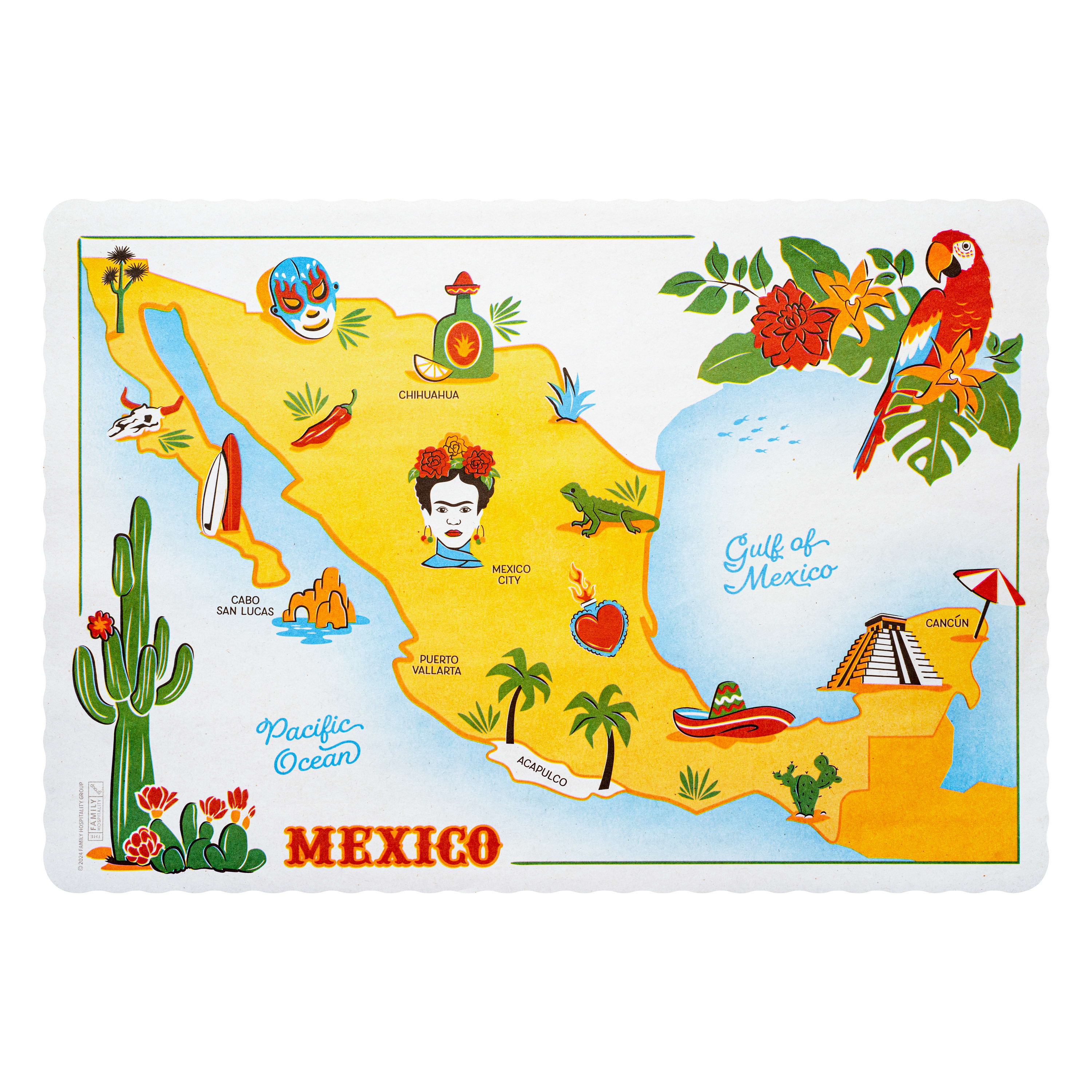 Family Hospitality Group 9514MX Mexico Placemats, 9.5 x 14 in. Paper, Scalloped Edge