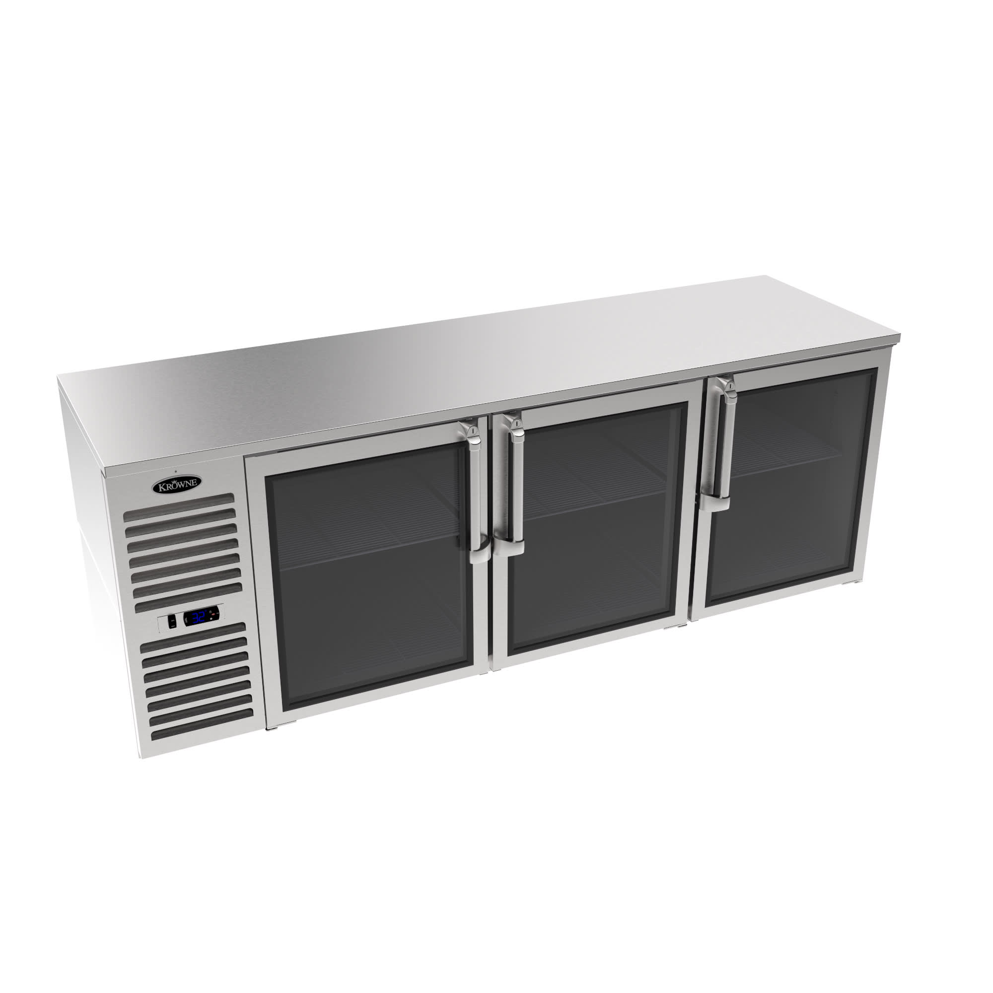 Krowne LS84L-KSS 84" Stainless Steel Counter Height Back Bar Cooler with 3 Glass Swing Doors