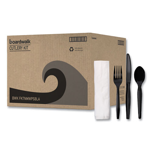 Boardwalk BWKFKTNMWPSBLA Four-Piece Cutlery Kit, Mediumweight, Fork/Knife/Napkin/Spoon, Plastic, Black, 250/Cart
