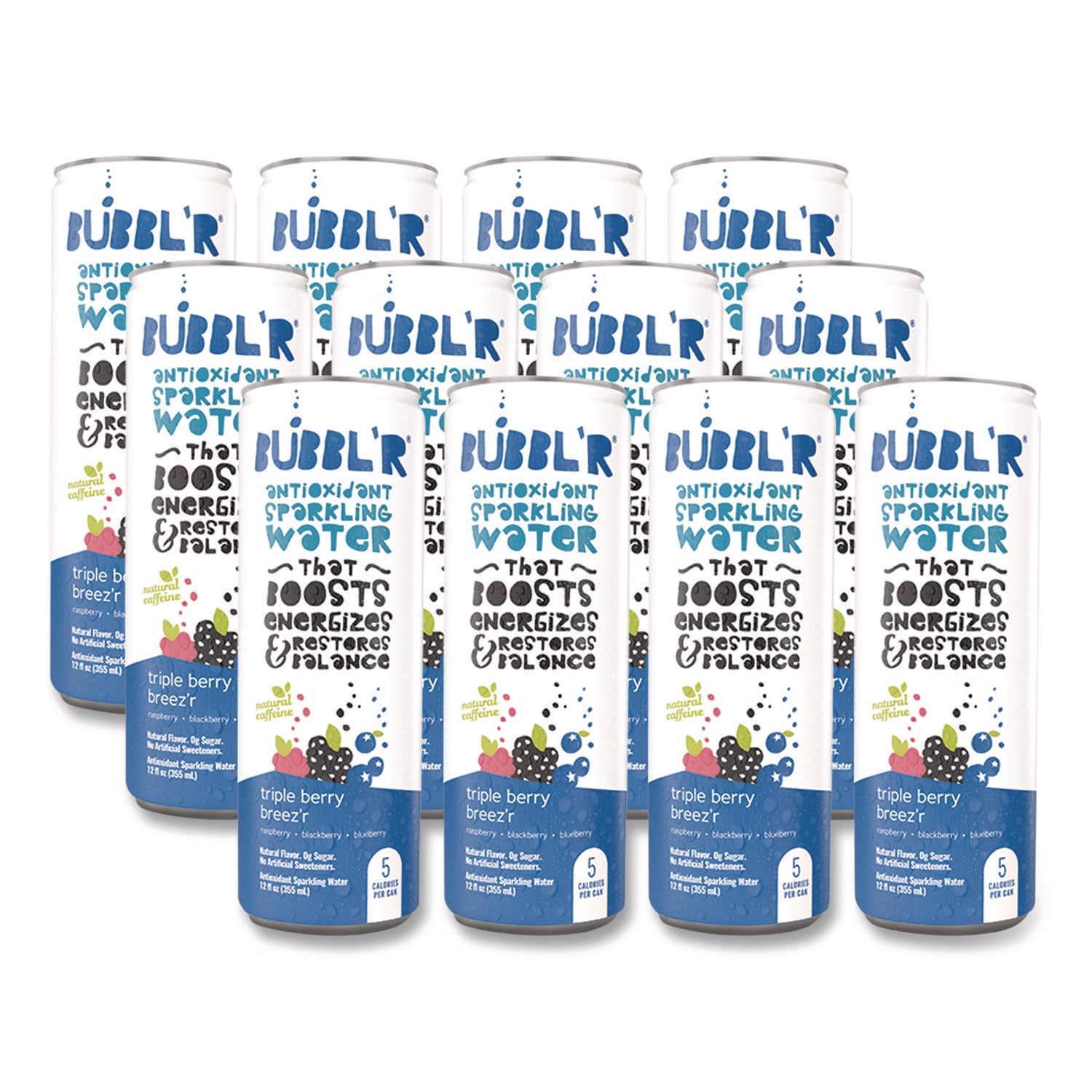 Bubbl'r BBBWIC00028 Antioxidant Sparkling Water, Triple Berry Breez'r, 12 oz Can, 12 Cans/Carton
