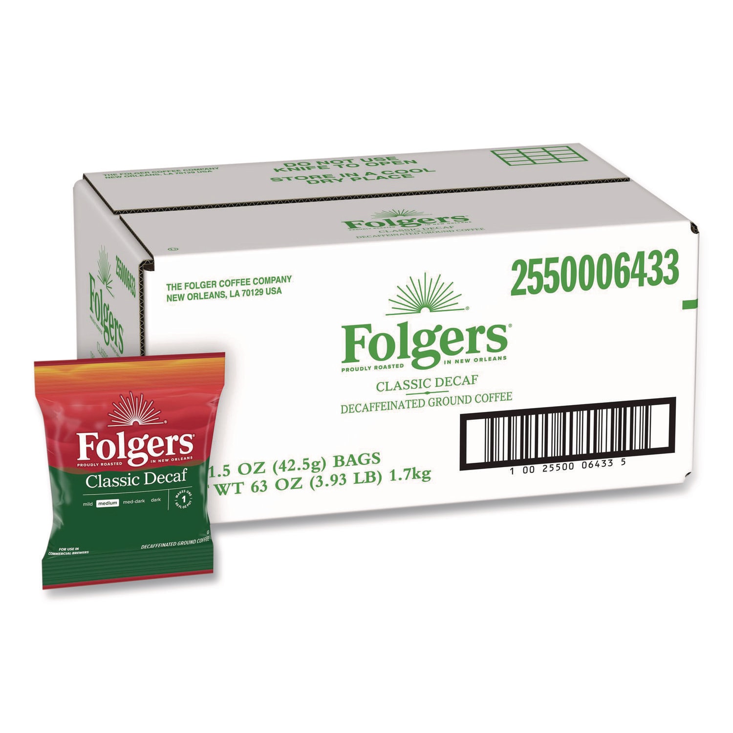 Folgers FOL06433 Classic Decaf Ground Coffee Fraction Pack, Classic Roast Decaf, 1.5 oz, 42/Carton