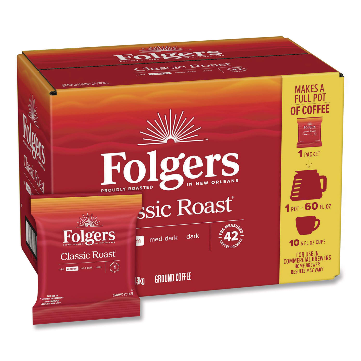 Folgers FOL20457 Classic Roast Ground Coffee Fraction Pack, 1.2 oz Packets, 42/Carton