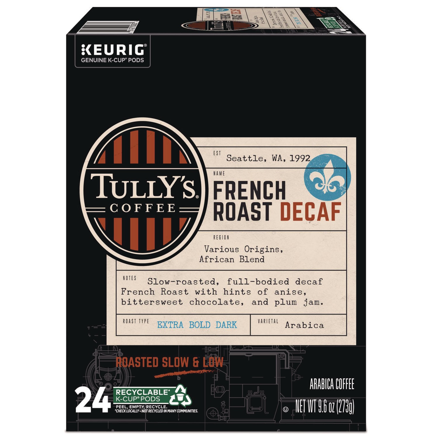 Tully's Coffee GMT192419 French Roast Decaf Coffee K-Cups, 24/box