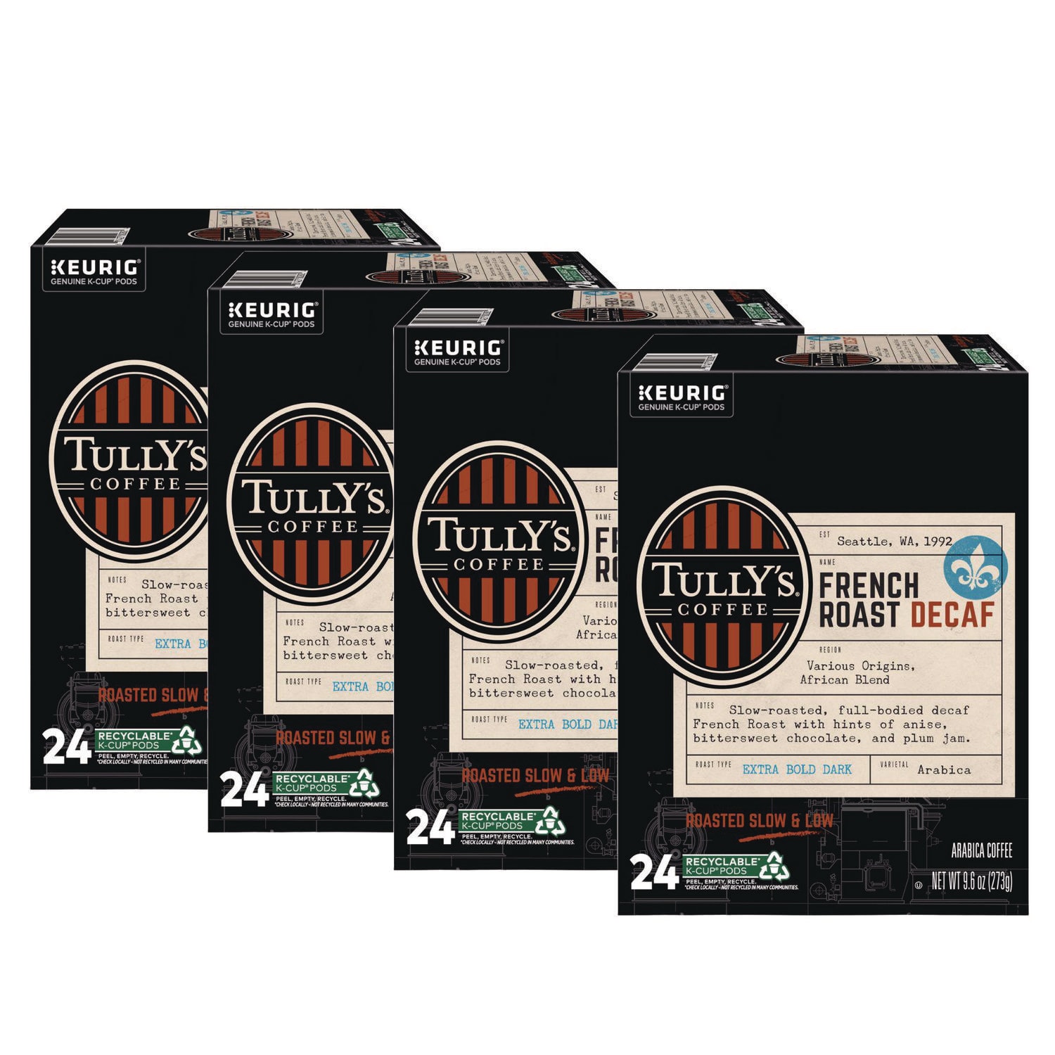 Tully's Coffee GMT192419CT French Roast Decaf Coffee K-Cups, 96/carton