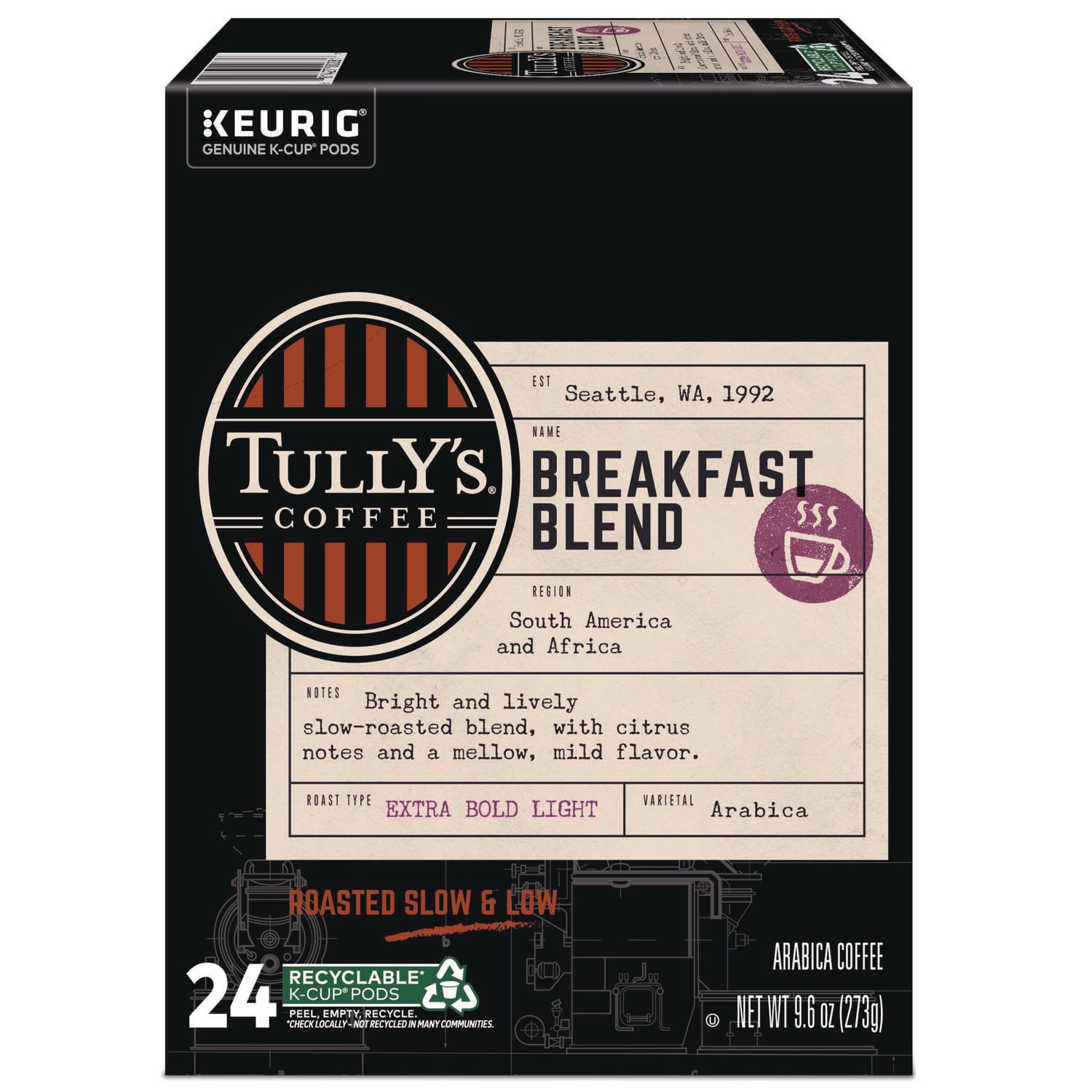 Tully's Coffee GMT192719 Breakfast Blend Coffee K-Cups, 24/box