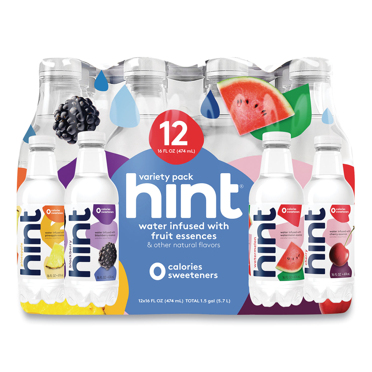 hint HIN00149 Flavored Water Variety Pack, 3 Blackberry, 3 Cherry, 3 Pineapple, 3 Watermelon, 16 Oz Bottle, 12 Bottles/carton