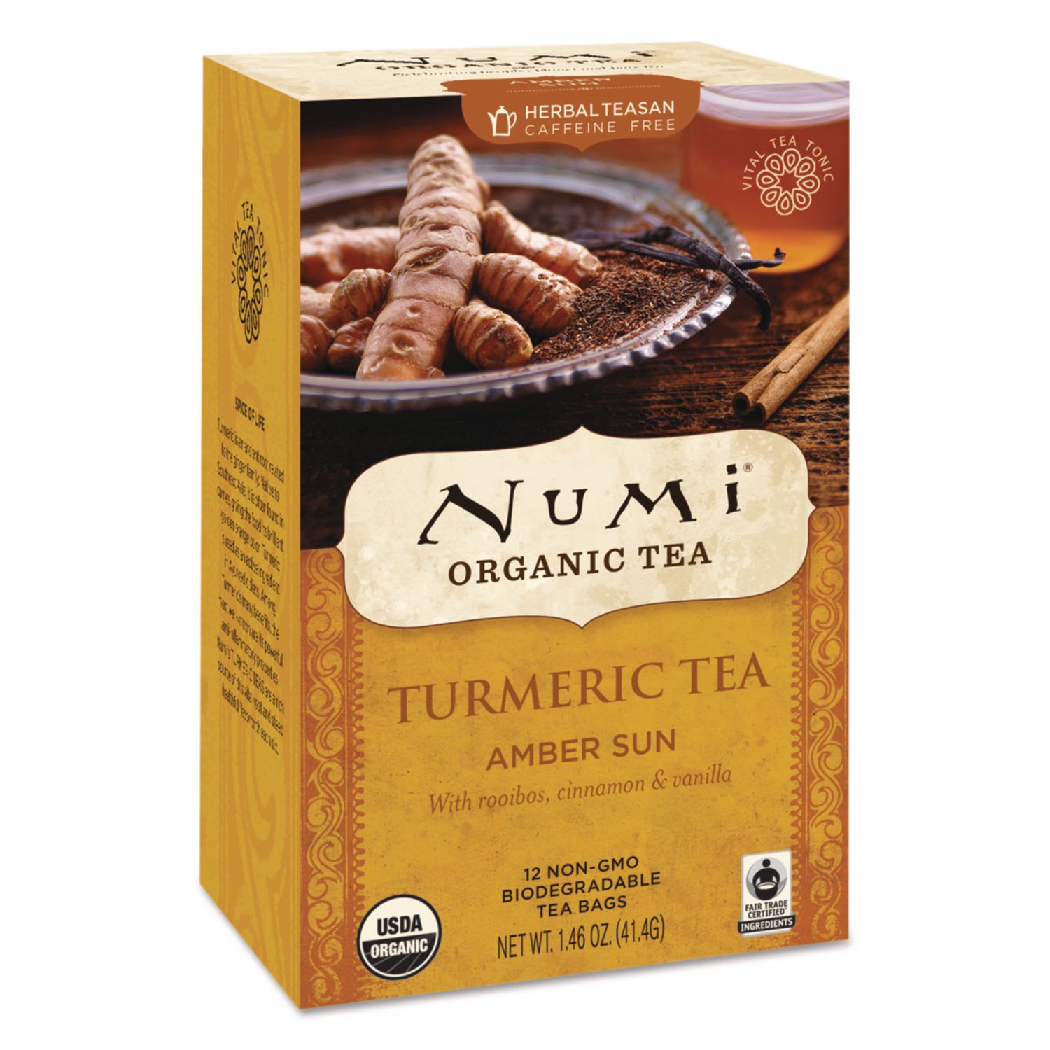 Numi NUM10552 Turmeric Tea, Amber Sun, 1.46 Oz Bag, 12/box