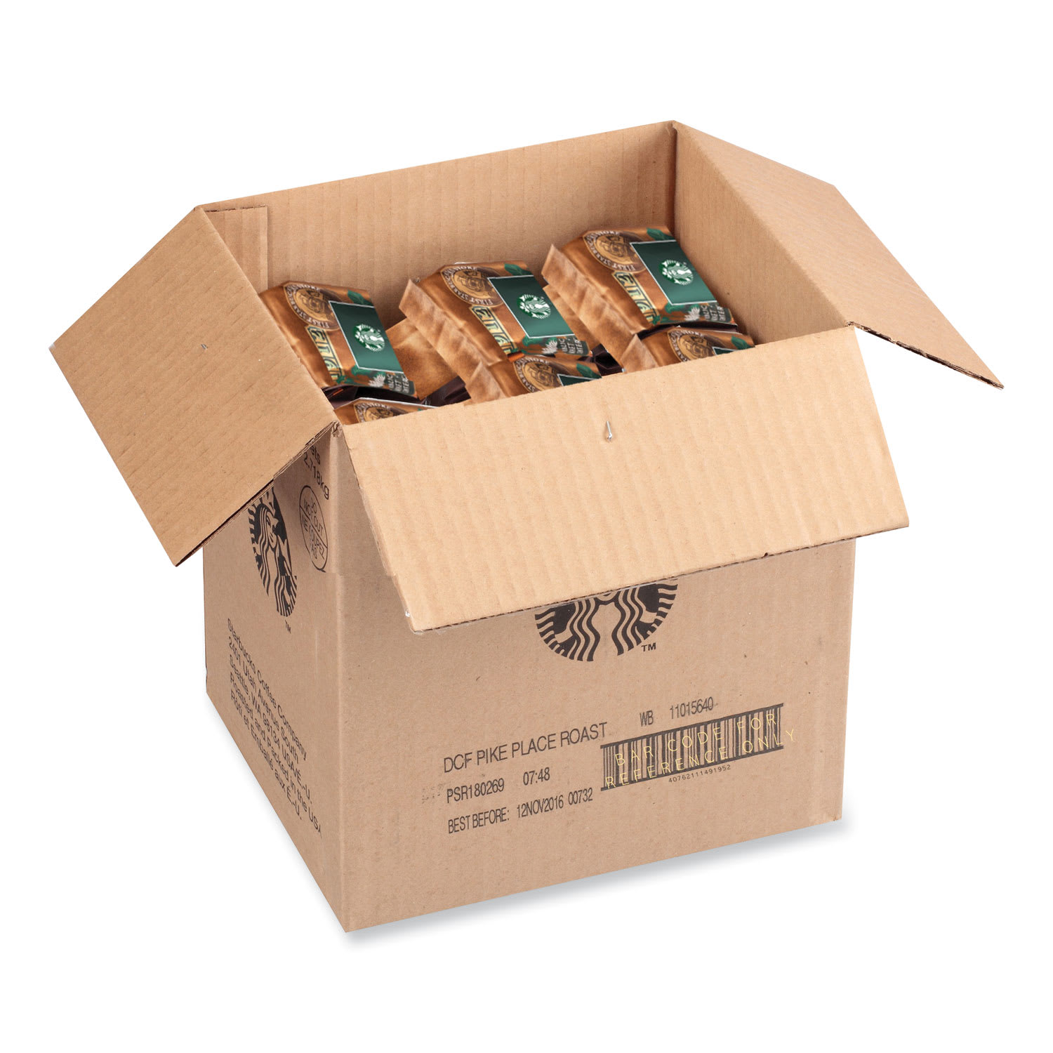Starbucks SBK12540222CT Whole Bean Coffee, Decaffeinated, Pike Place, 1 lb, Bag, 6/Carton