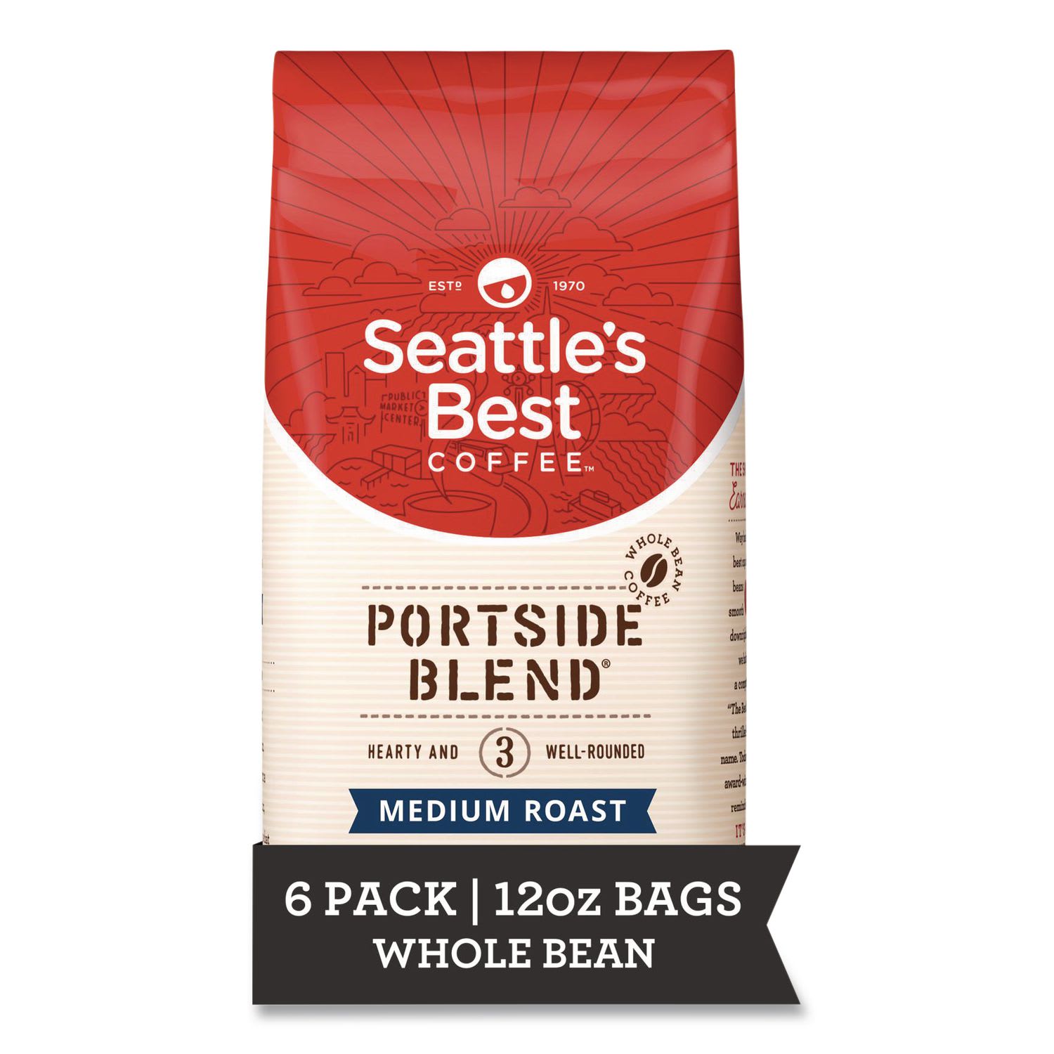 Seattle's Best SEA11008570CT Port Side Blend Whole Bean Coffee, Medium Roast, 12 oz Bag, 6/Carton