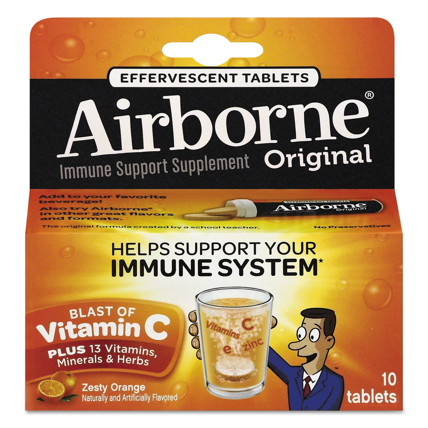 Airborne ABN30004 Immune Support Effervescent Tablet, Zesty Orange, 10/box