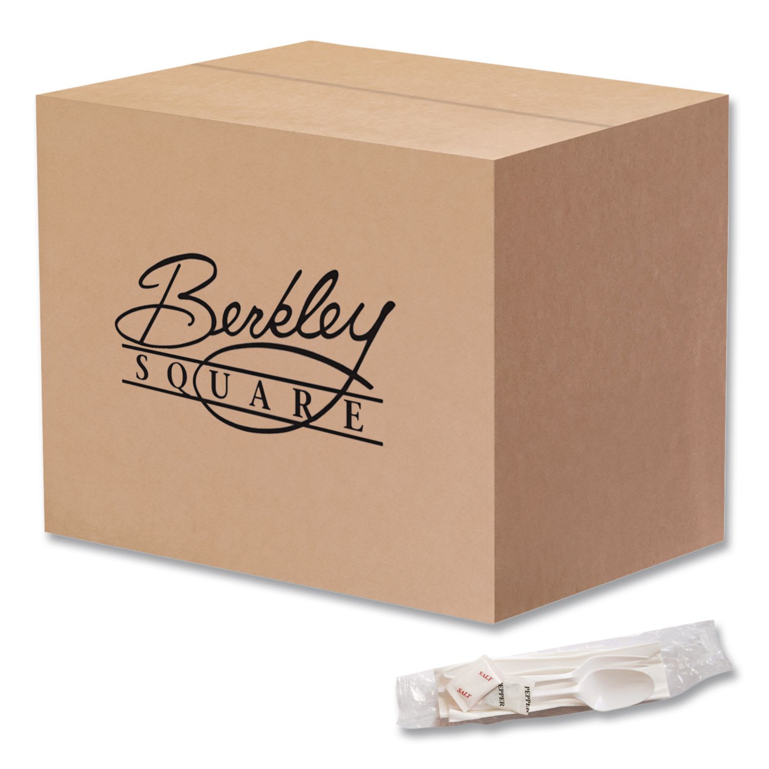 Berkley Square BSQ1171241 Mediumweight Cutlery Kit, Fork/Knife/Napkin/Pepper/Salt/Spoon, Plastic, White, 250/Carton