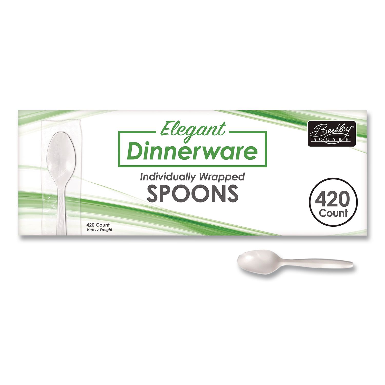 Berkley Square BSQ90187 Elegant Dinnerware Heavyweight Cutlery, Individually Wrapped, Spoon, Plastic, White, 420/Box