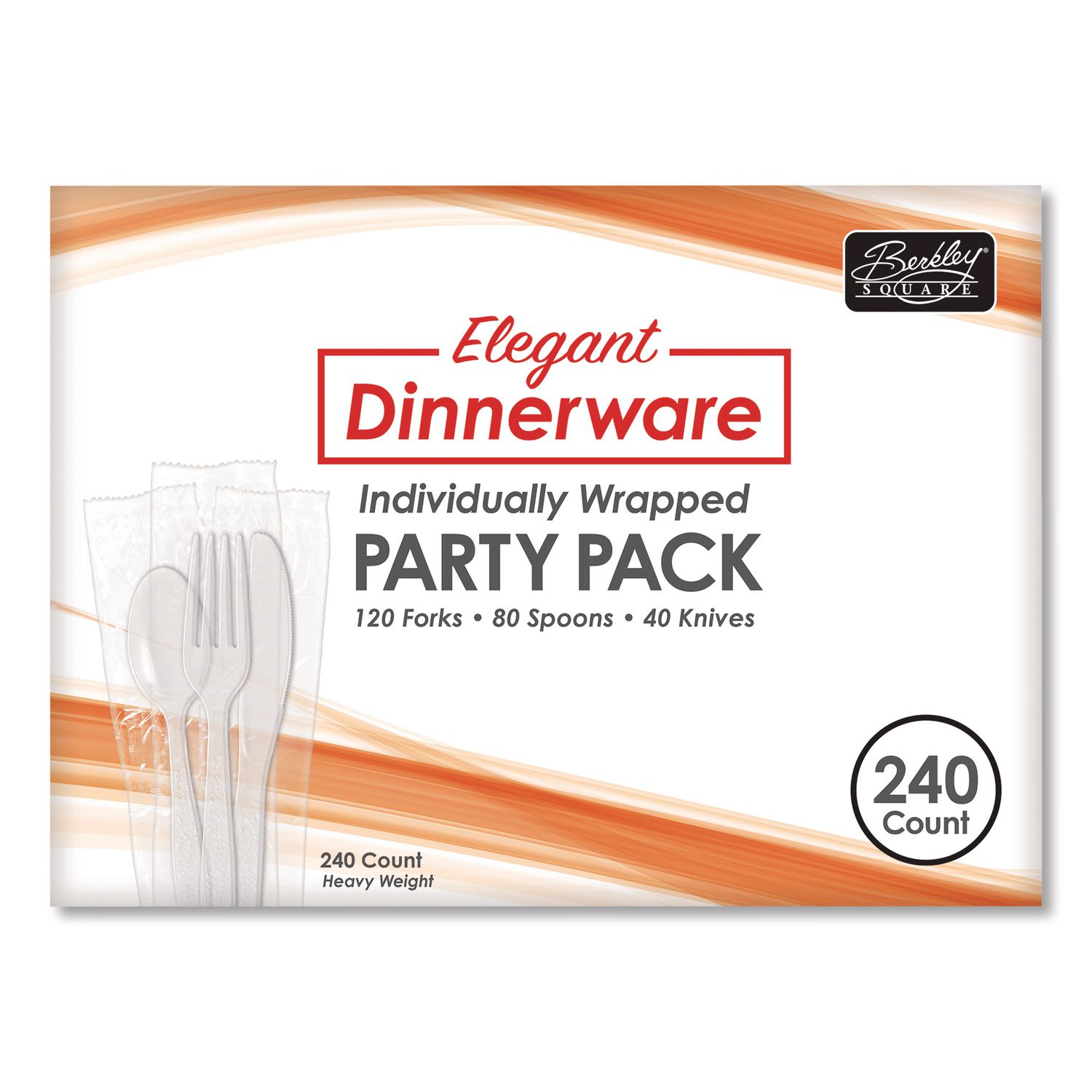 Berkley Square BSQ90191 Elegant Dinnerware Heavyweight Cutlery Assortment, Heavyweight, (120) Forks/(80) Spoons/(40) Knives, Plastic, White, 240/Box