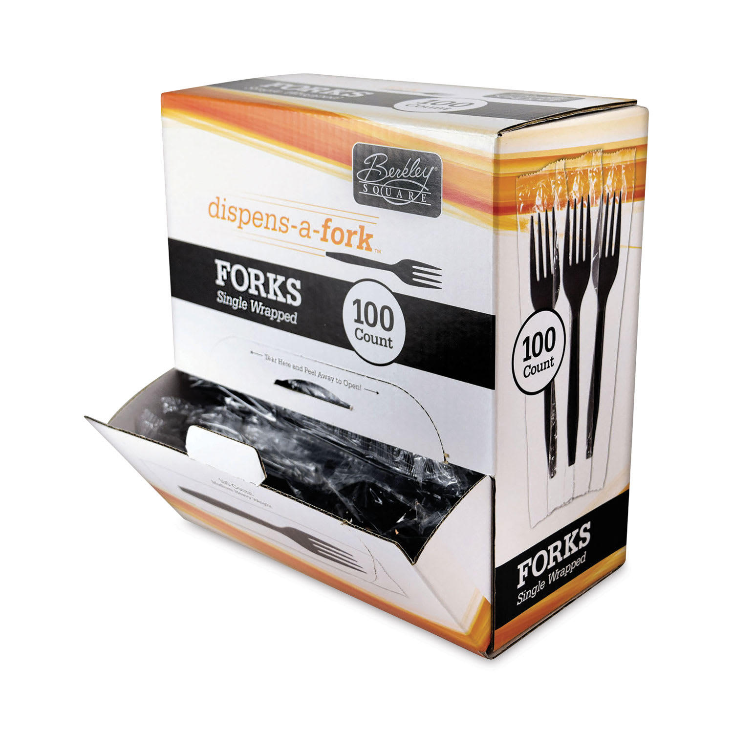 Berkley Square BSQBEP90202 Dispens-a-Fork, Individually Wrapped, Mediumweight Fork, Plastic, Black, 100/Box