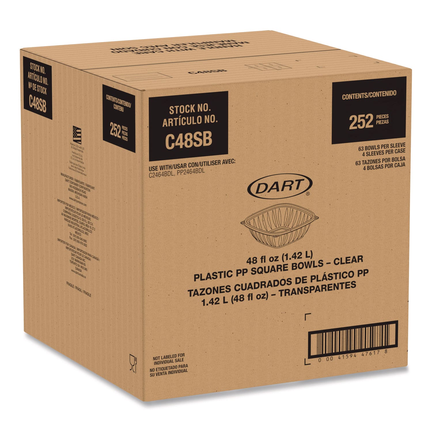 Dart DCCC48SB Square Plastic Bowls, 48 oz, 5 x 5 x 2.55, Clear, Plastic, 63 Bowls/Sleeve, 4 Sleeves/Carton