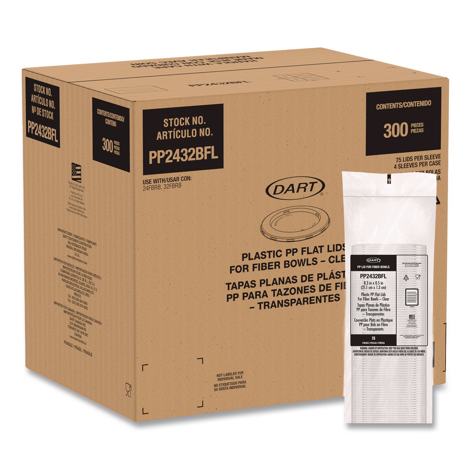Dart DCCPP2432BFL Plastic Lids for Compostable Fiber Containers, For 24 to 32 oz Containers, 8.28" Diameter x 0.51" h, Clear, 300/Carton