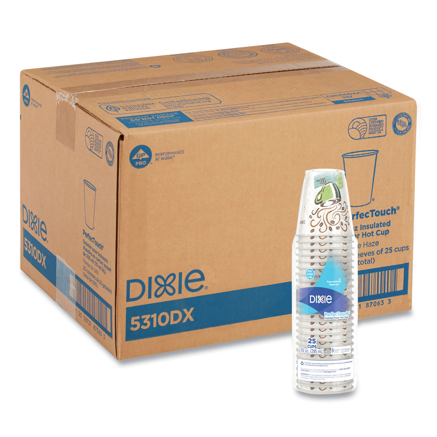 Dixie DXE5310DX PerfecTouch Paper Hot Cups, 10 oz, Coffee Haze Design, 25/Sleeve, 20 Sleeves/Carton