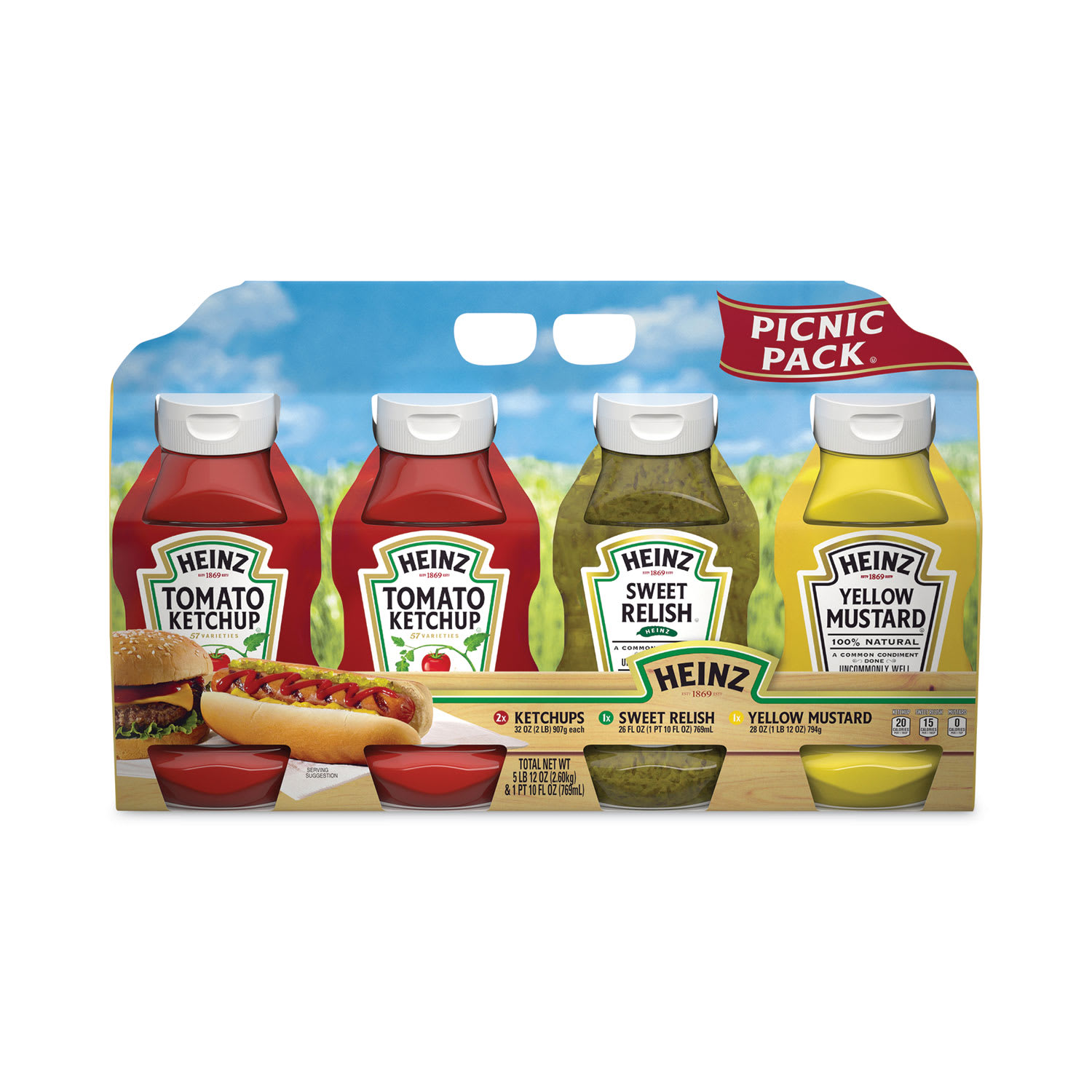 Heinz GRR22000444 Ketchup, Mustard and Relish Picnic Pack, 2 Ketchup, Mustard, Relish, 4 Bottles/Carton