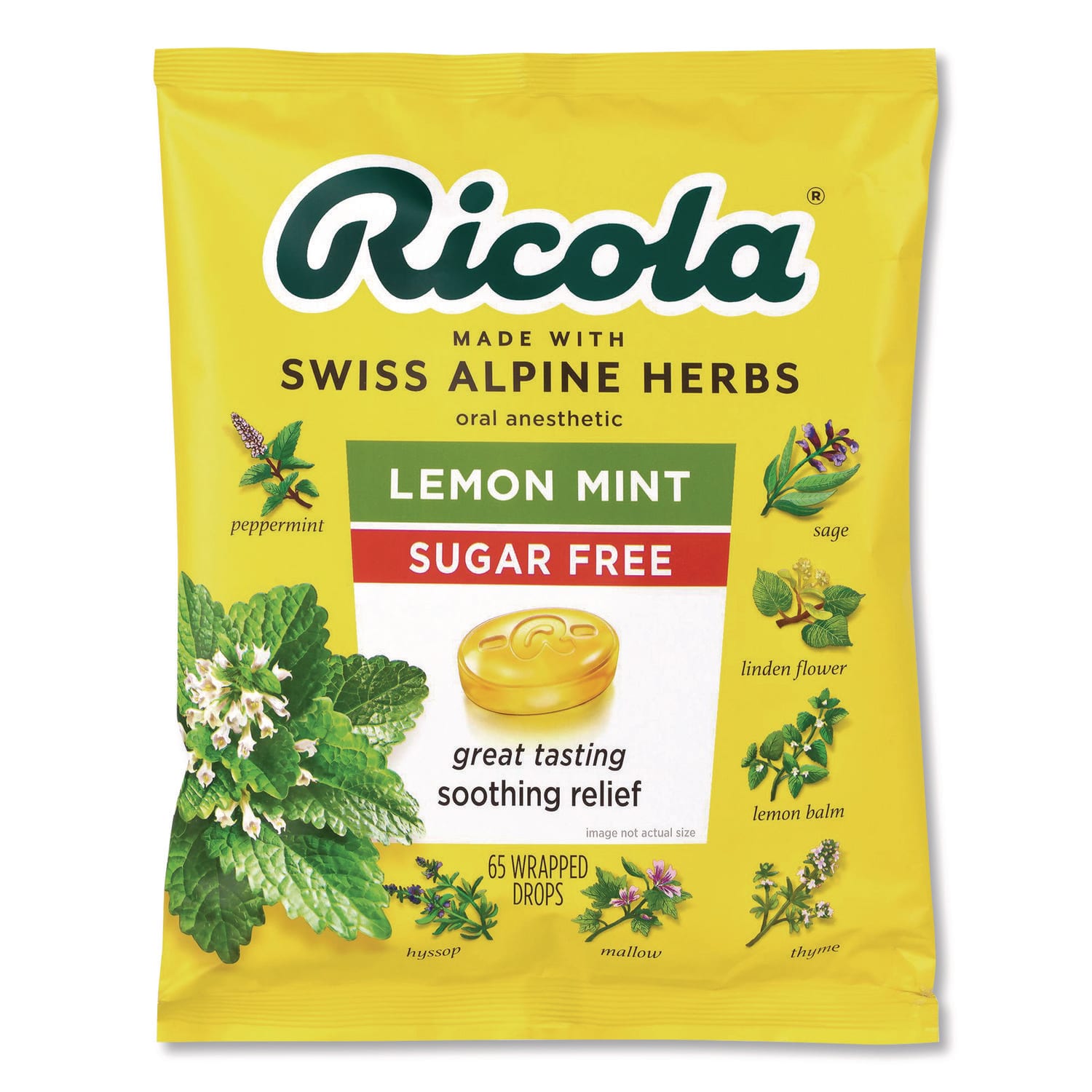 Ricola GRR22002531 Sugar-Free Lemon Mint Herb Throat Drops, 65/Bag, 2 Bags/Pack
