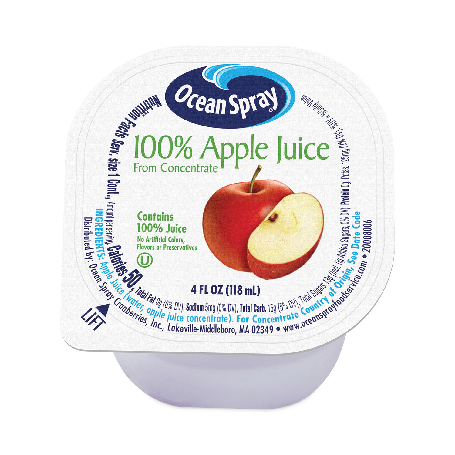 Ocean Spray GRR30700002 100% Juice, Apple, 4 oz Cup, 48/Box