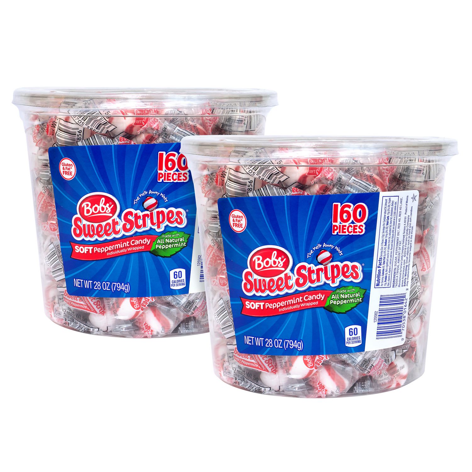 Ferrara GRR60004070 Bobs Sweet Stripes Soft Candy, Peppermint, 0.18 oz Individually Wrapped, 160/Tub, 2 Tubs/Carton