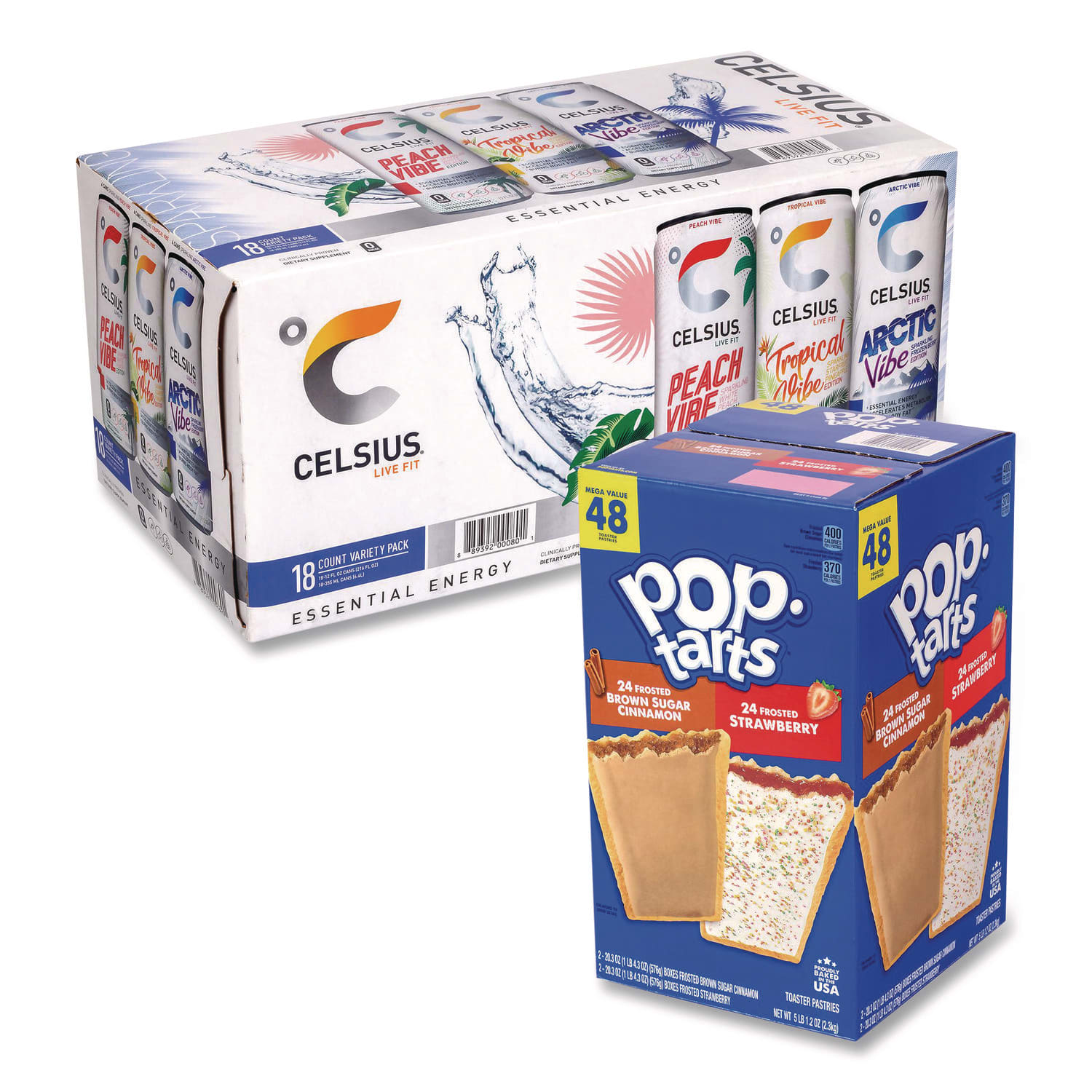 Kellogg's GRR60004172 Celcius Vibe and Pop Tarts Variety Combo Pack,(18) 12oz Cans,(24) Frosted Strawberry/(24) Frosted Brown Sugar Cinnamon/Bundle