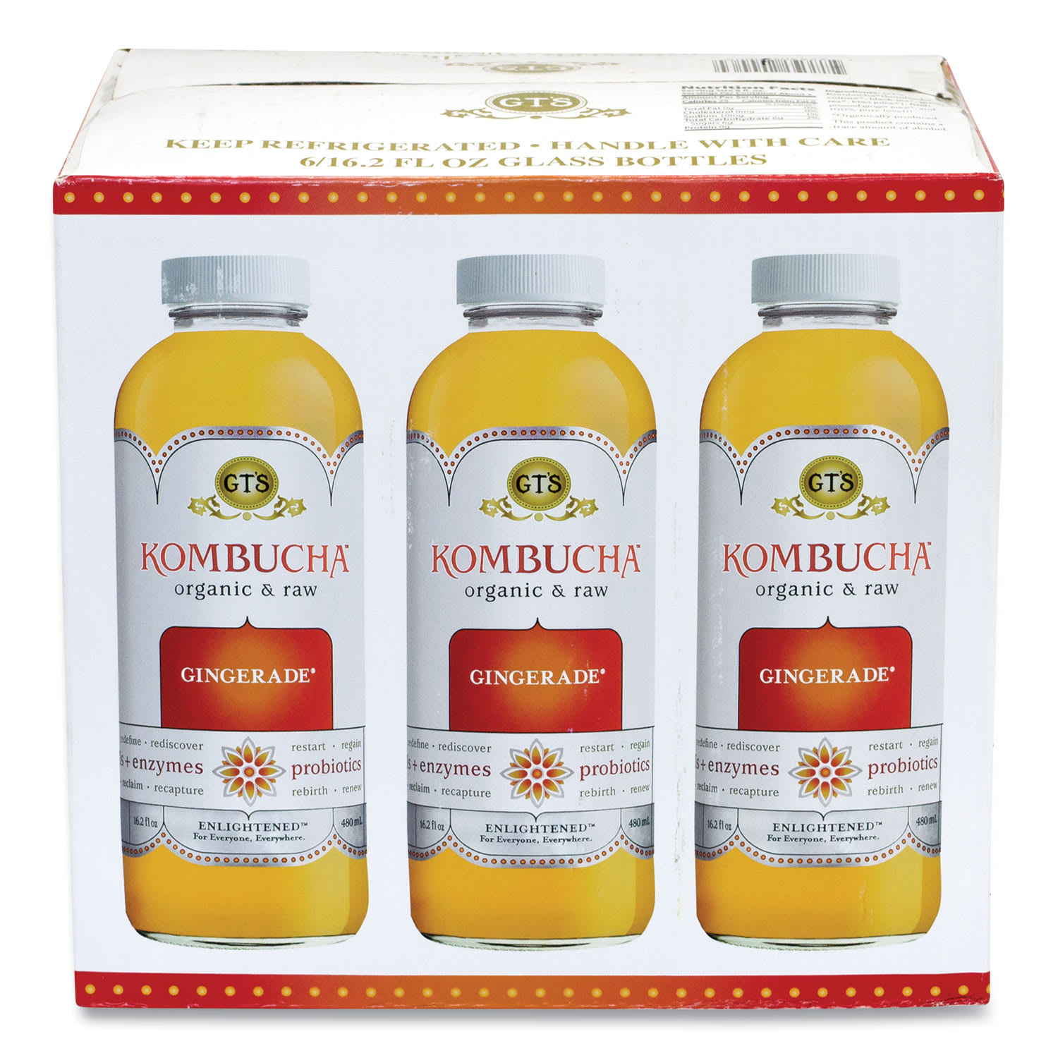 GT's Living Foods GRR90200098 Organic Raw Kombucha Gingerade, 16.2 oz Bottle, 6/Carton