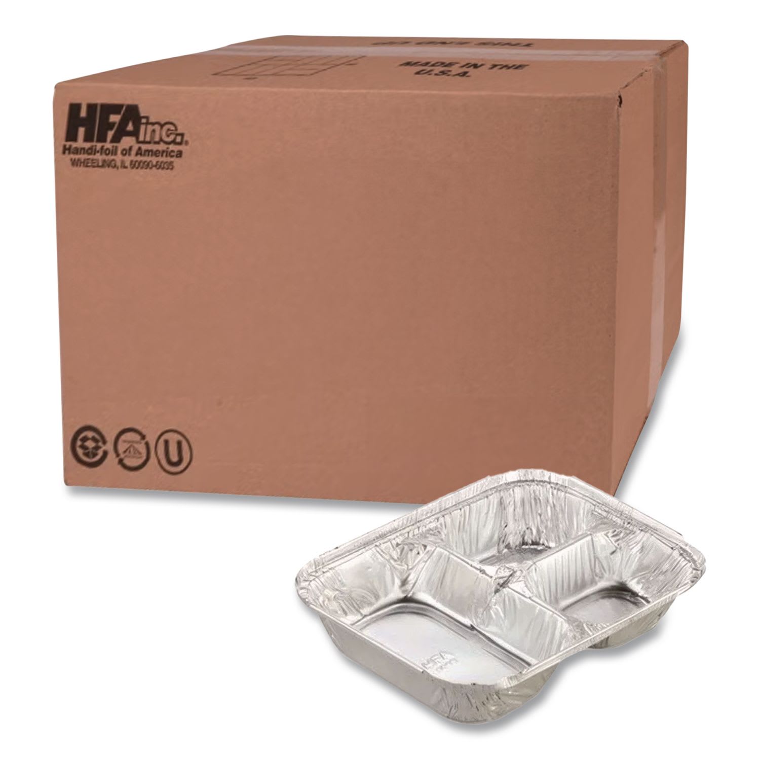 HFA HFA204535250W Aluminum Oblong Container with Lid, 3 Compartments, 24 oz, 8.5 x 6.38 x 1.47, Silver, 250/Carton